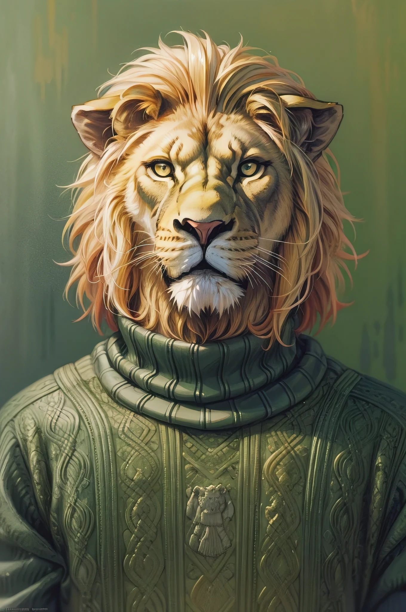 painting of a lion wearing a sweater and a turtleneck, inspired by Dino Valls, sergey zabelin, half lion, by Nicholas Marsicano, green mane, adrian borda, portrait of a lion, aslan the lion, with the mane of a lion, by Kerembeyit, wearing a green sweater, leonid
