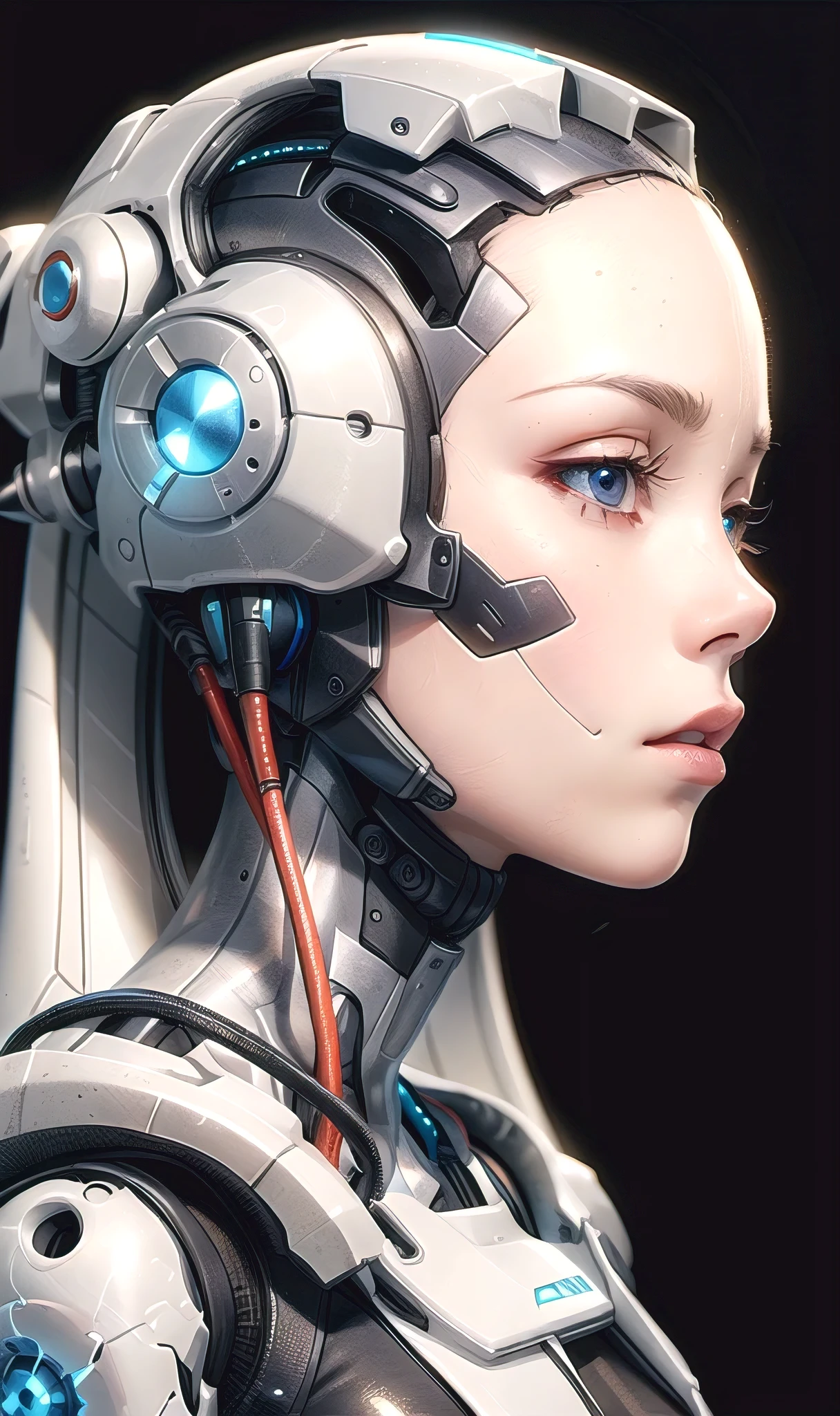 there is a white robot with headphones on and a black background, cyborg - girl, cybernetic machine female face, cyborg girl, beutiful white girl cyborg, porcelain cyborg, detailed portrait of a cyborg, sci-fi android female, beutiful girl cyborg, cybernetic and highly detailed, perfect android girl, portrait of a female android