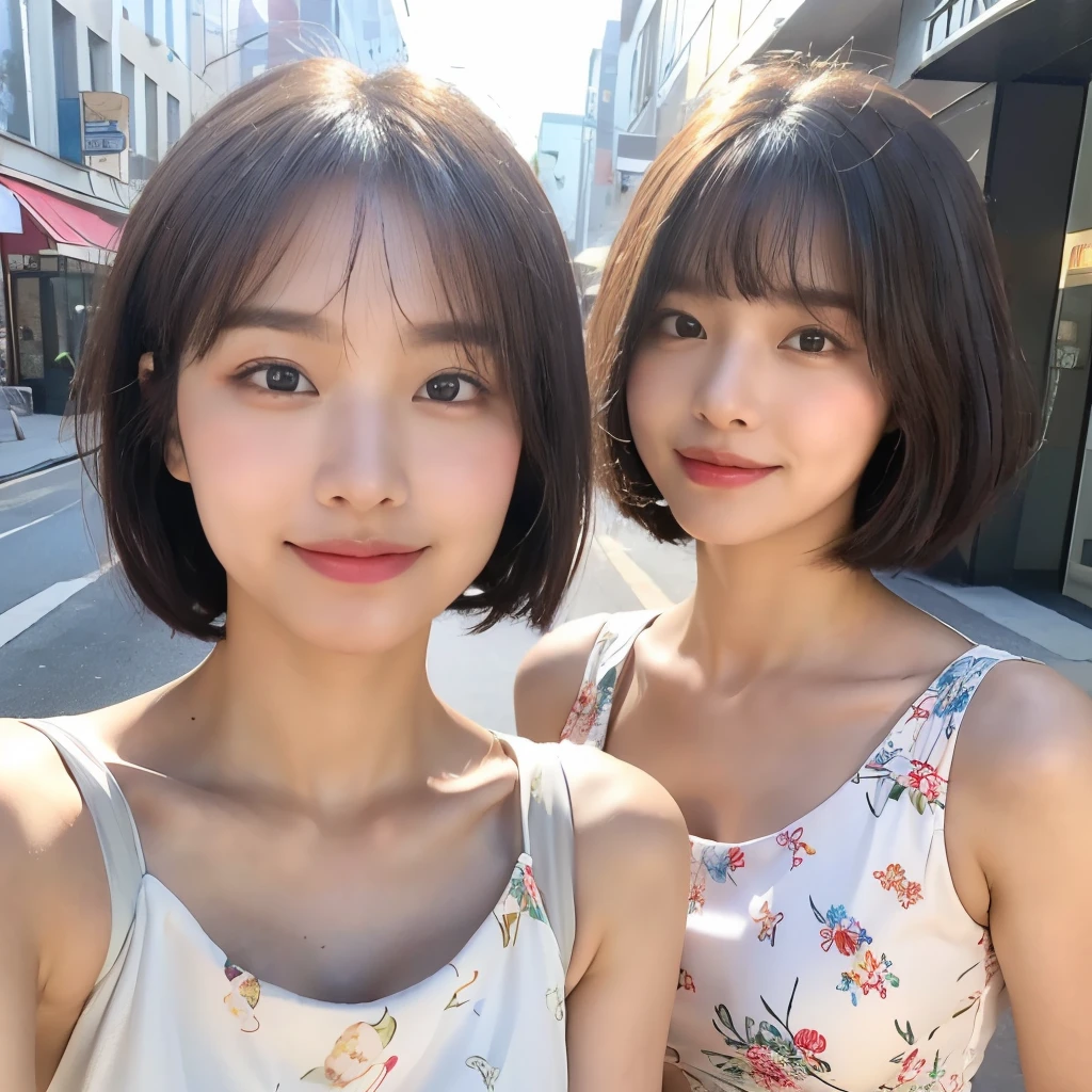 (1 Korean star with royal sister style), ((highest quality, 8K, masterpiece: 1.3)), (slender body: 1.3), concentrated: 1.2, perfect body beauty: 1.4 , (smile), (street: 1.3), Highly detailed face and skin texture, fine eyes, double eyelid, whitened skin, (short hair, air bangs: 1.3), (round face: 1.5), (floral dress: 1.4),