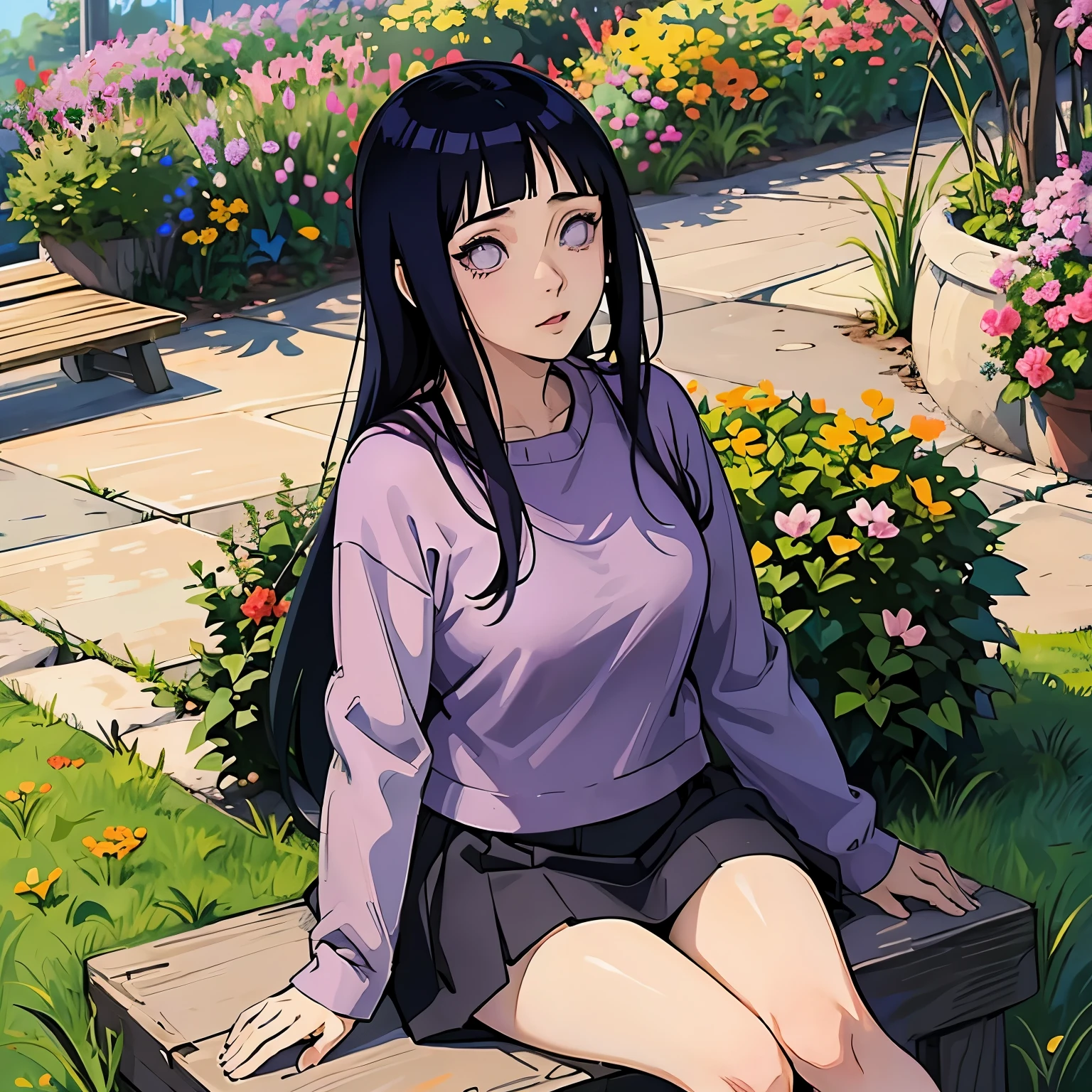 anime character, Hinata Hyuga, purple sweater, mini skirt, portrait, sitting in the park, realistic light and shadow, natural, very perfect, very detailed 