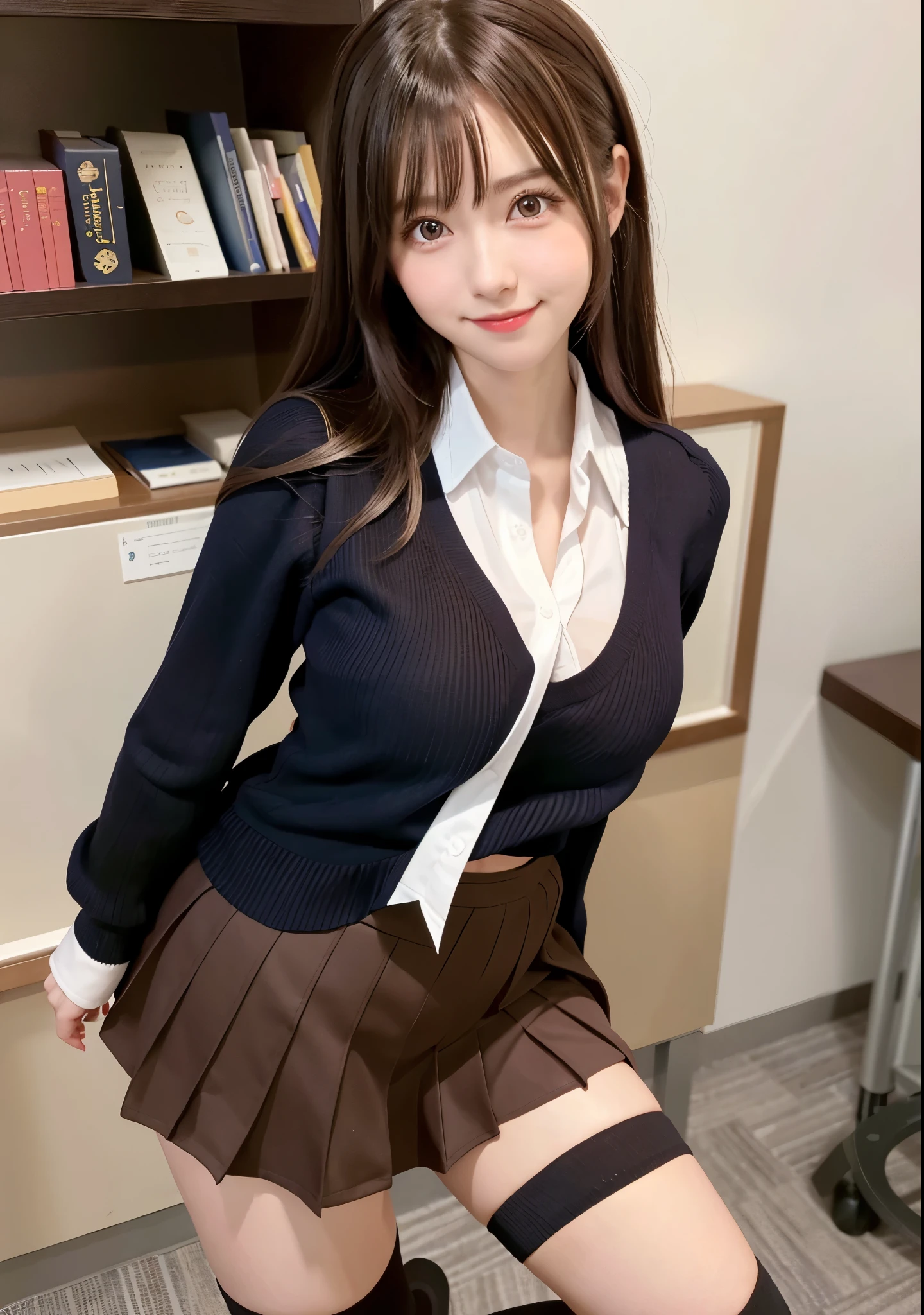 resolution, 1 girl, Watching the audience,Young beautiful Japanese woman, Super cute face, Gorgeous appearance, Large Breasts,Long Bob Hair,smile,(school uniform:1.3),Beautiful Eyes,(indoor:1.3), 混雑した道をsmileで歩く,Glossy lips, Double eyelids on both eyes, Natural Makeup, Long eyelashes, 艶やかで滑らかなライトブラウンのLong Bob Hair, Asymmetrical bangs, Glowing Skin, Center image, 高resolution, High Detail, Detailed hairstyle, Detailed face, Great cinema lighting, Octane Rendering, Vibrant, Surreal, Perfect limbs, Perfect Anatomy, Spreading hair、Slender beauty:1.4、((Saggy breasts:1.4))、Chest exposed、Slim Abs、Curved Waist、(smile:1.2) 、(Pleated mini skirt、Lift up the hem of your skirt:1.2))、Slender and long beautiful legs、Open your feet wide、(Sheer black stockings:1.2)、(Lace panties:1.2、Beautiful pussy exposed、Open up、pussy creampie、pubic hair:1.1)、(From below:1.2)、Backlight、
