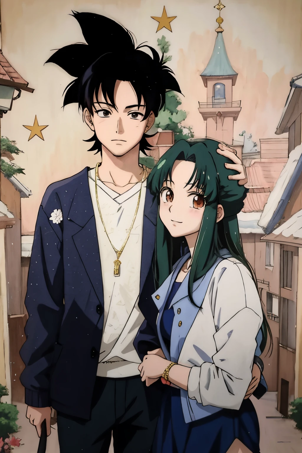 casal de anime vestido de preto e branco posando para uma foto, sorriso,. risadas,in the art style of 80s anime, Estilo anime Akira Toryama, dos anos 90, Estilo de anime dos anos 90, em estilo anime, Estilo de arte de anime dos anos 90, estilo de realismo de anime, no estilo anime, retrato estilo anime, 1980's anime style, Estilo anime dos anos 80, fanart de alta qualidade