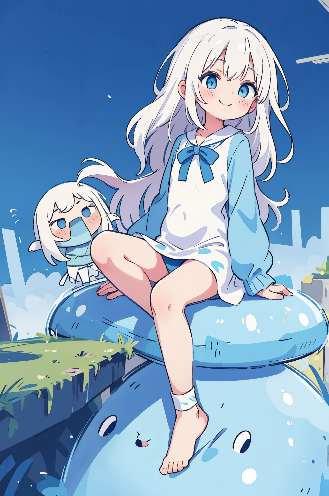 girl, tight dress, panties visible, embarrassed, smiling, leg in bandages, fantasy landscape, sitting on his knees, White hair, Blue eyes, blue slime on background