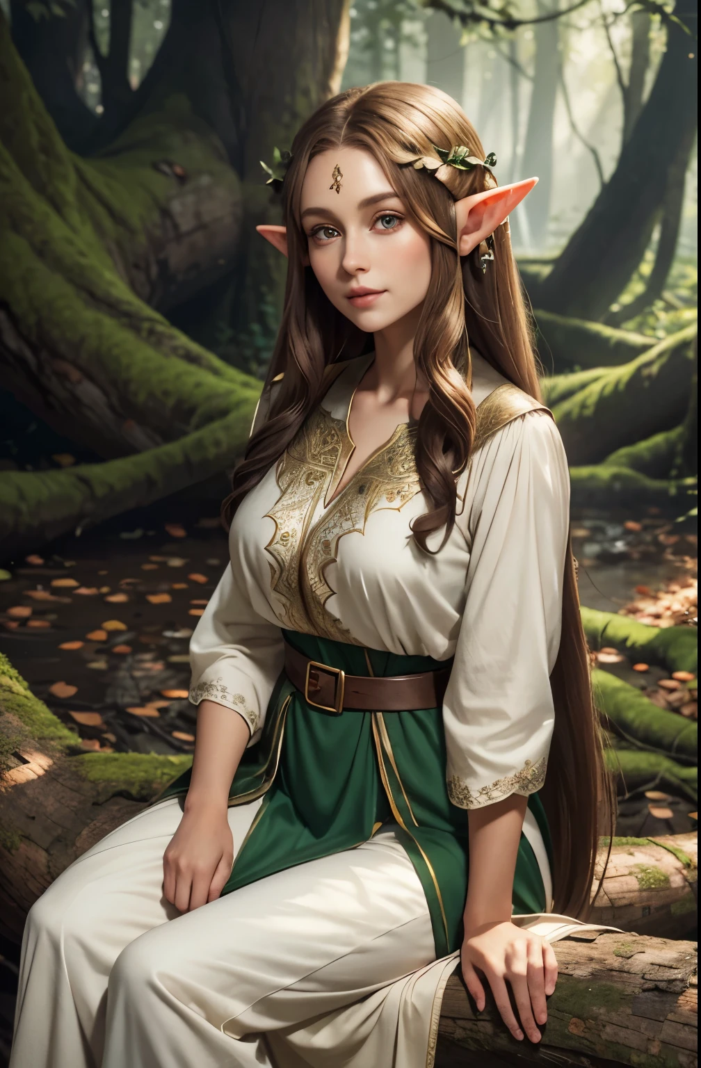 A beautiful female elf, long silky light brown hair, elf ears, almond-shaped eyes, thin lips, round face, huge breasts, sitting on a fallen tree trunk, wearing the clothes of an elf from the elven aristocracy, very beautiful, pure look, perfect art, masterpiece, character details, free and perfect scene