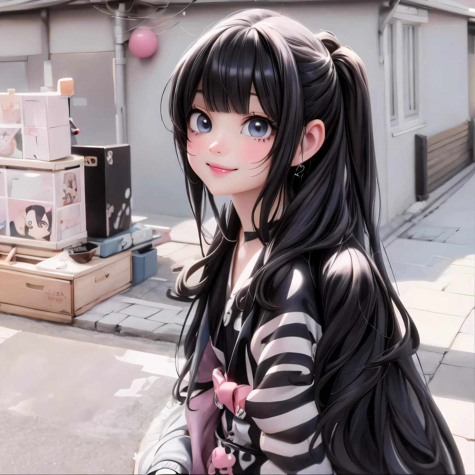 masterpiece, best quality, a cute girl smiling smiling with black hair and a striped shirt standing on the street, 1 7 -  - old me goth girl, black hime cut hair, she has black hair with bangs, goth girl, 1 7 - year - goth gi cruel korean goth girl, anime girl in real life, goth girl aesthetic, pale porcelain white skin, ultrarealistic, cute digital painting, cute digital art, realistic cute girl painting, cute detailed digital art, cute cartoon characters, beautiful character painting, cute characters, cute anime girl, cute cartoon, kawaii realistic portrait, digital cartoon painting art, cartoon cute, cute portrait, render a cute 3D anime girl, kawaii realistic portrait, anime moe art style, drawn in an anime artist studio
