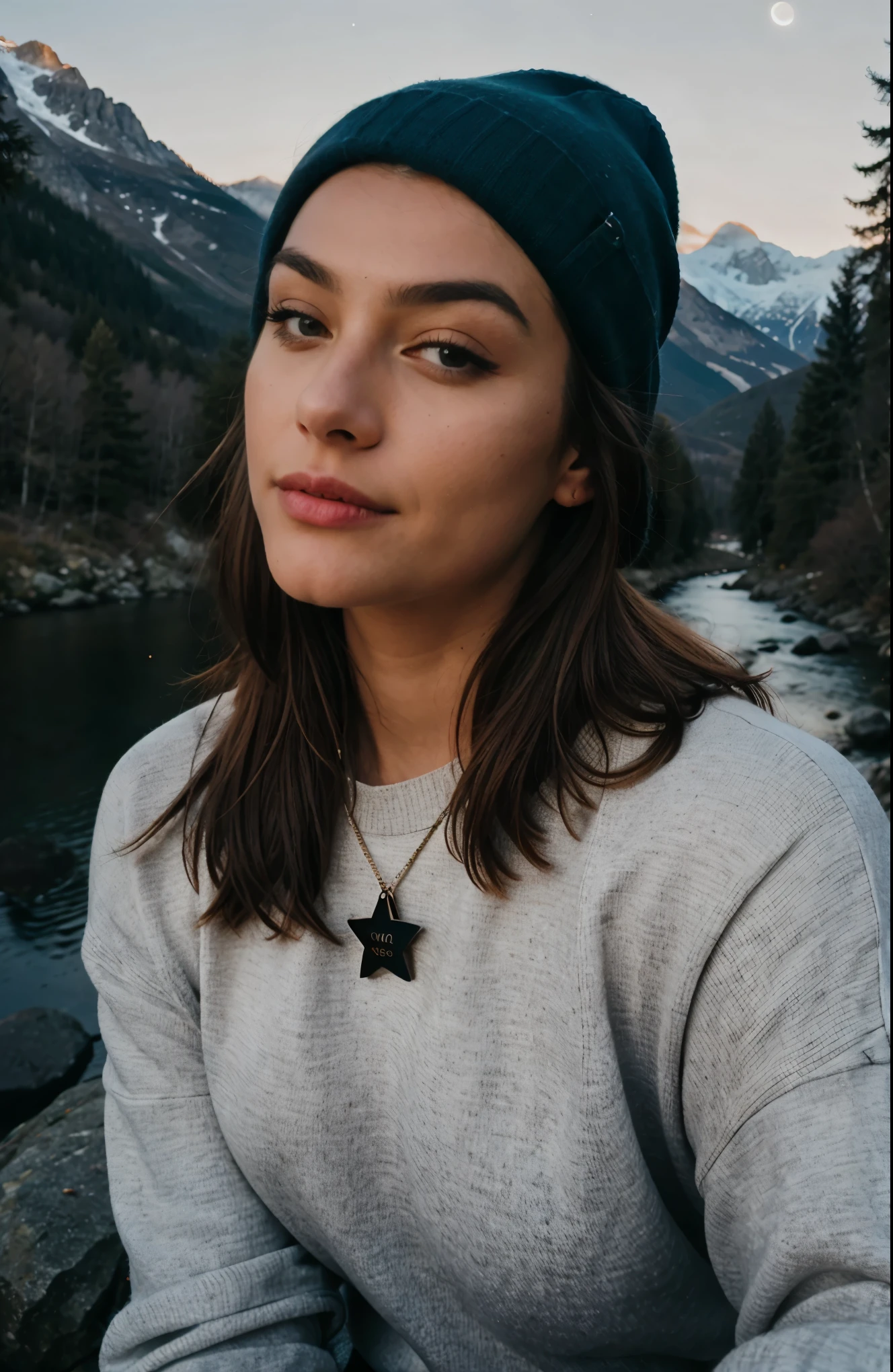 photorealistic, best quality, hyper detailed, beautiful woman, selfie photo, upper body, solo, wearing pullover, outdoors, (night), mountains, real life nature, stars, moon, (cheerful, happy), sleeping bag, gloves, sweater, beanie, flashlight, forest, rocks, river, wood, smoke, fog, clear sky, analog style, looking at viewer, skin texture, film grain, close up, ultra high res, best shadow, RAW, instagram LUT