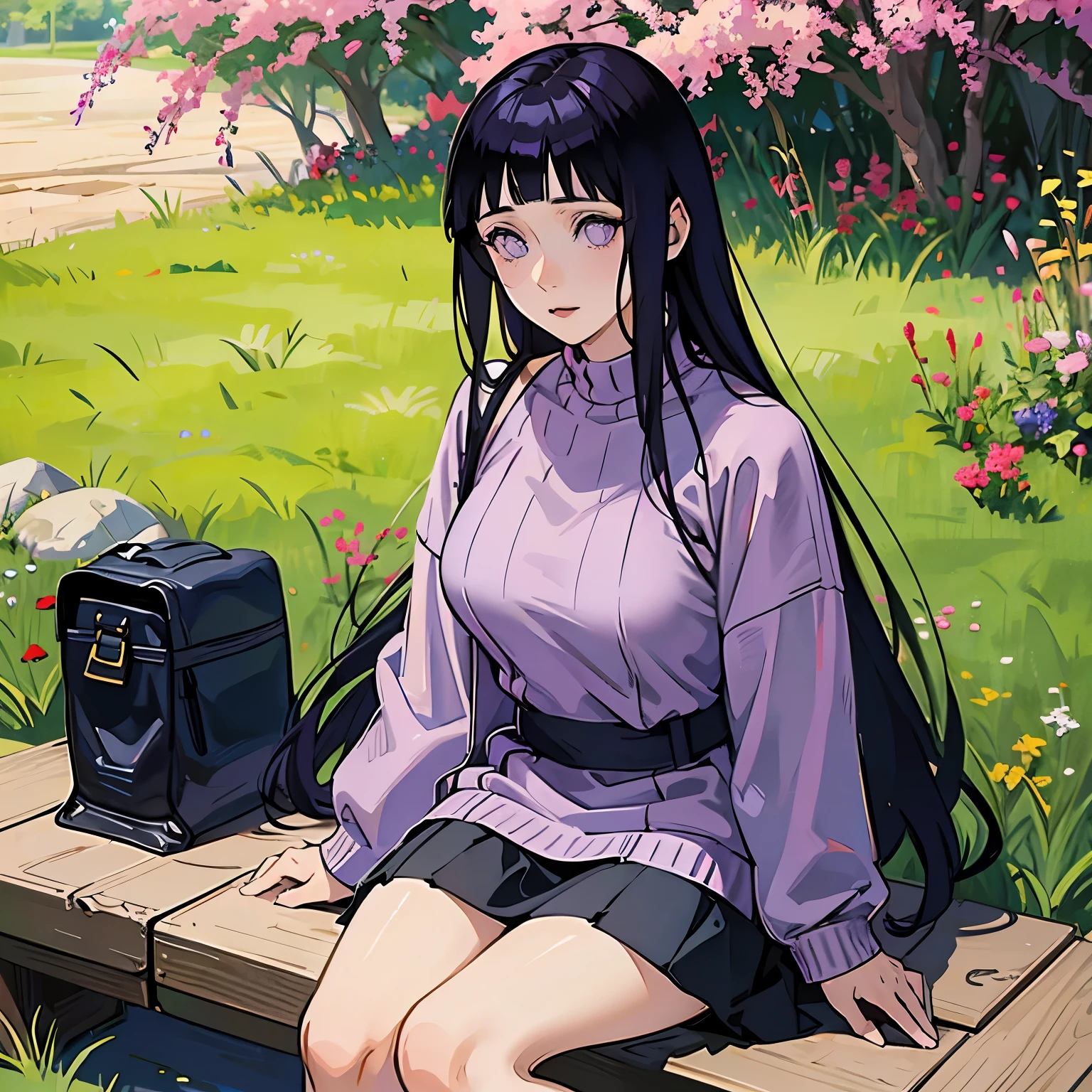 anime character, Hinata Hyuga, purple sweater, mini skirt, portrait, sitting in the park, realistic light and shadow, natural, very perfect, very detailed 