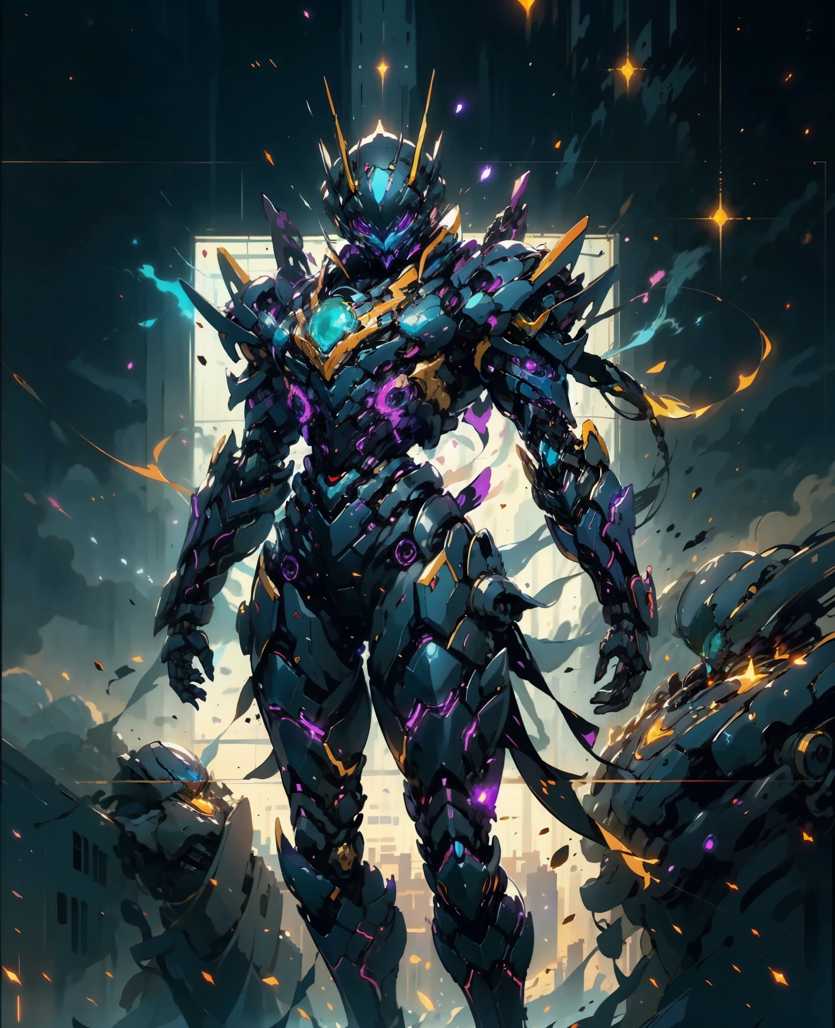 A woman adorned in fantasy-style full-body armor, a crown-concept fully enclosed helmet that unveils only her eyes, a composite layered chest plate, fully encompassing shoulder and hand guards, a lightweight waist armor, form-fitting shin guards, the overall design is heavy-duty yet flexible, (the armor gleams with a golden glow, complemented by red and blue accents), exhibiting a noble aura, she floats above a fantasy-surreal high-tech city, this character embodies a finely crafted fantasy-surreal style armored hero in anime style, exquisite and mature manga art style, (Queen Bee Concept Armor, plasma, blood), ((Element, bio mecha, long legs, elegant, goddess, femminine:1.5)), metallic, high definition, best quality, highres, ultra-detailed, ultra-fine painting, extremely delicate, professional, anatomically correct, symmetrical face, extremely detailed eyes and face, high quality eyes, creativity, RAW photo, UHD, 32k, Natural light, cinematic lighting, masterpiece-anatomy-perfect, masterpiece:1.5
