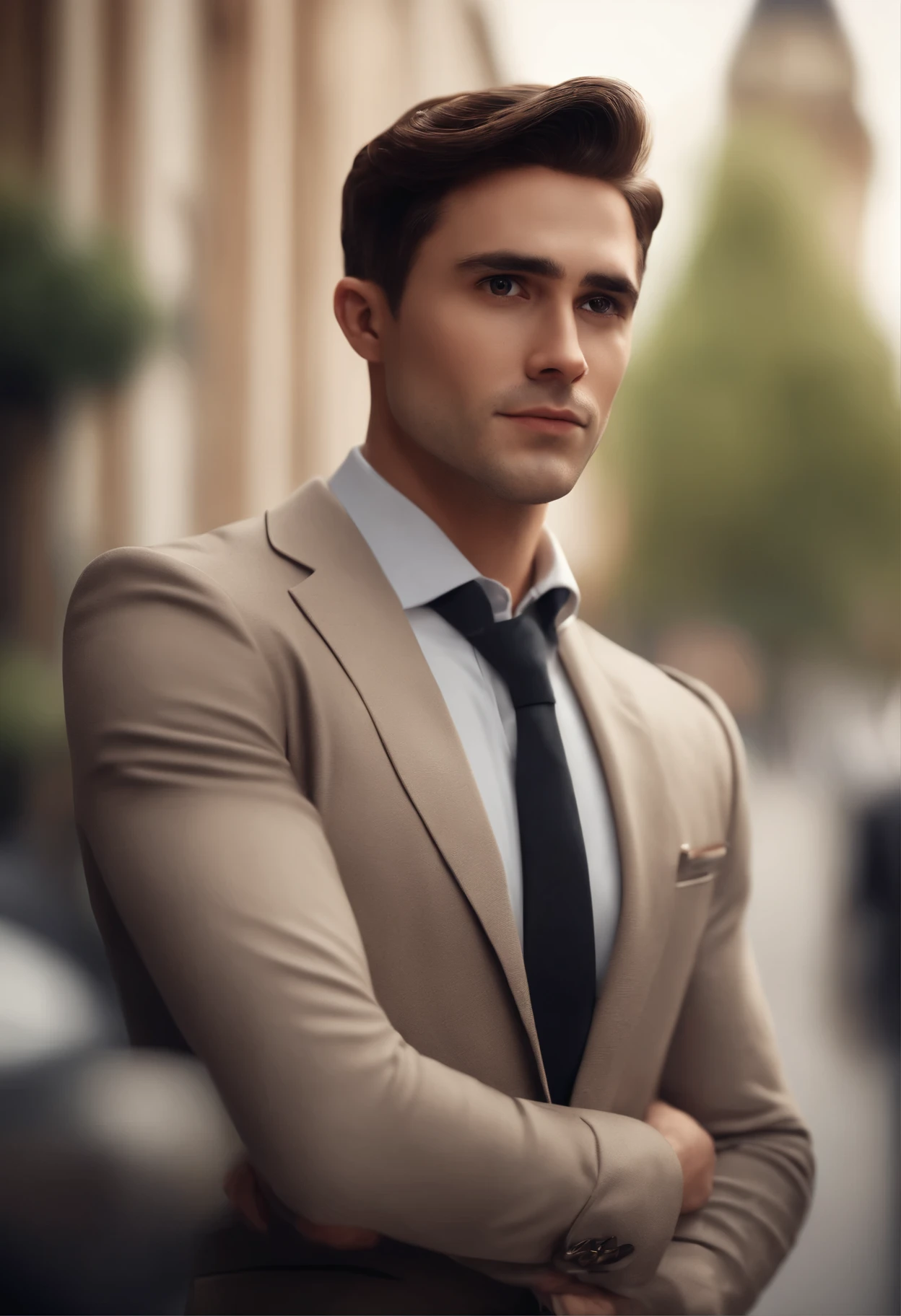 28 year old man with short hair wearing a formal suit, , white background, barnet, tone, Pixar Style, ....3d, cartoon, detailed face (based on image) asymmetrical 16k 28 year old man, hair dark, light brown eyes, on a busy avenue, in formal clothes, suit, pixar style, realistic