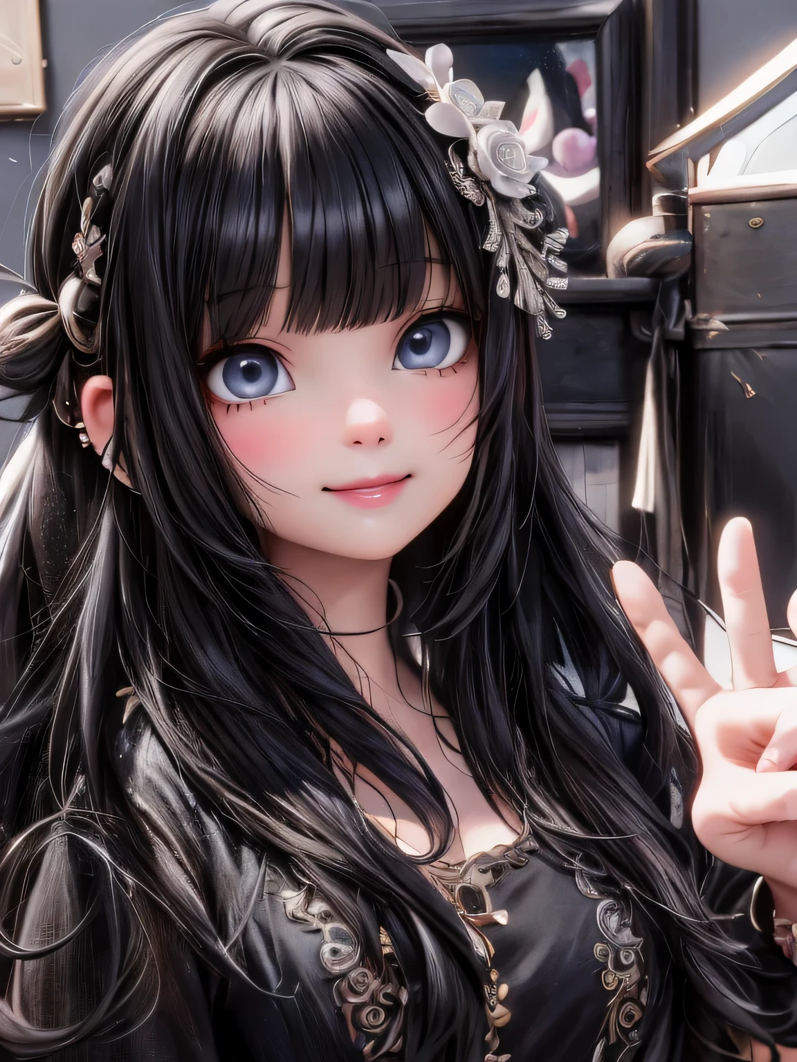 masterpiece, best quality, a cute girl smiling with long black hair posing for a picture, she has black hair with bangs, ulzzang, black hime cut hair, long black hair with bangs, cruel korean goth girl, with long hair and piercing eyes, 1 7 - - old me goth girl, hair blackbangs hair, long hair with full bangs, long dark hair with bangs, pale porcelain white skin, ultrarealistic, cute digital painting, cute digital art, realistic cute girl painting, cute detailed digital art, cute cartoon characters, beautiful character painting, cute characters, cute anime girl, cute cartoon, kawaii realistic portrait, digital cartoon painting art, cartoon cute, cute portrait, render a cute 3D anime girl, kawaii realistic portrait, anime moe art style, drawn in an anime artist studio