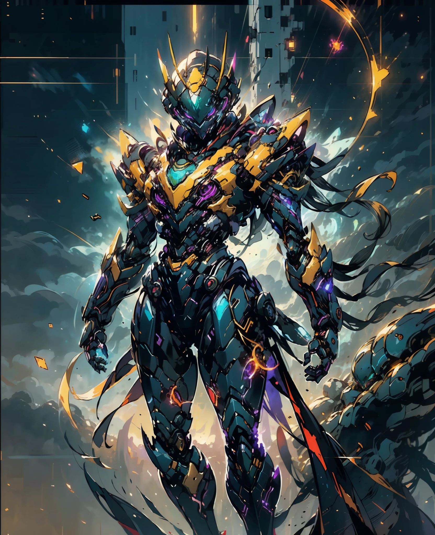 A woman adorned in fantasy-style full-body armor, a crown-concept fully enclosed helmet that unveils only her eyes, a composite layered chest plate, fully encompassing shoulder and hand guards, a lightweight waist armor, form-fitting shin guards, the overall design is heavy-duty yet flexible, (the armor gleams with a golden glow, complemented by red and blue accents), exhibiting a noble aura, she floats above a fantasy-surreal high-tech city, this character embodies a finely crafted fantasy-surreal style armored hero in anime style, exquisite and mature manga art style, (Spider Concept Armor, plasma, blood), ((Element, bio mecha, long legs, elegant, goddess, femminine:1.5)), metallic, high definition, best quality, highres, ultra-detailed, ultra-fine painting, extremely delicate, professional, anatomically correct, symmetrical face, extremely detailed eyes and face, high quality eyes, creativity, RAW photo, UHD, 32k, Natural light, cinematic lighting, masterpiece-anatomy-perfect, masterpiece:1.5