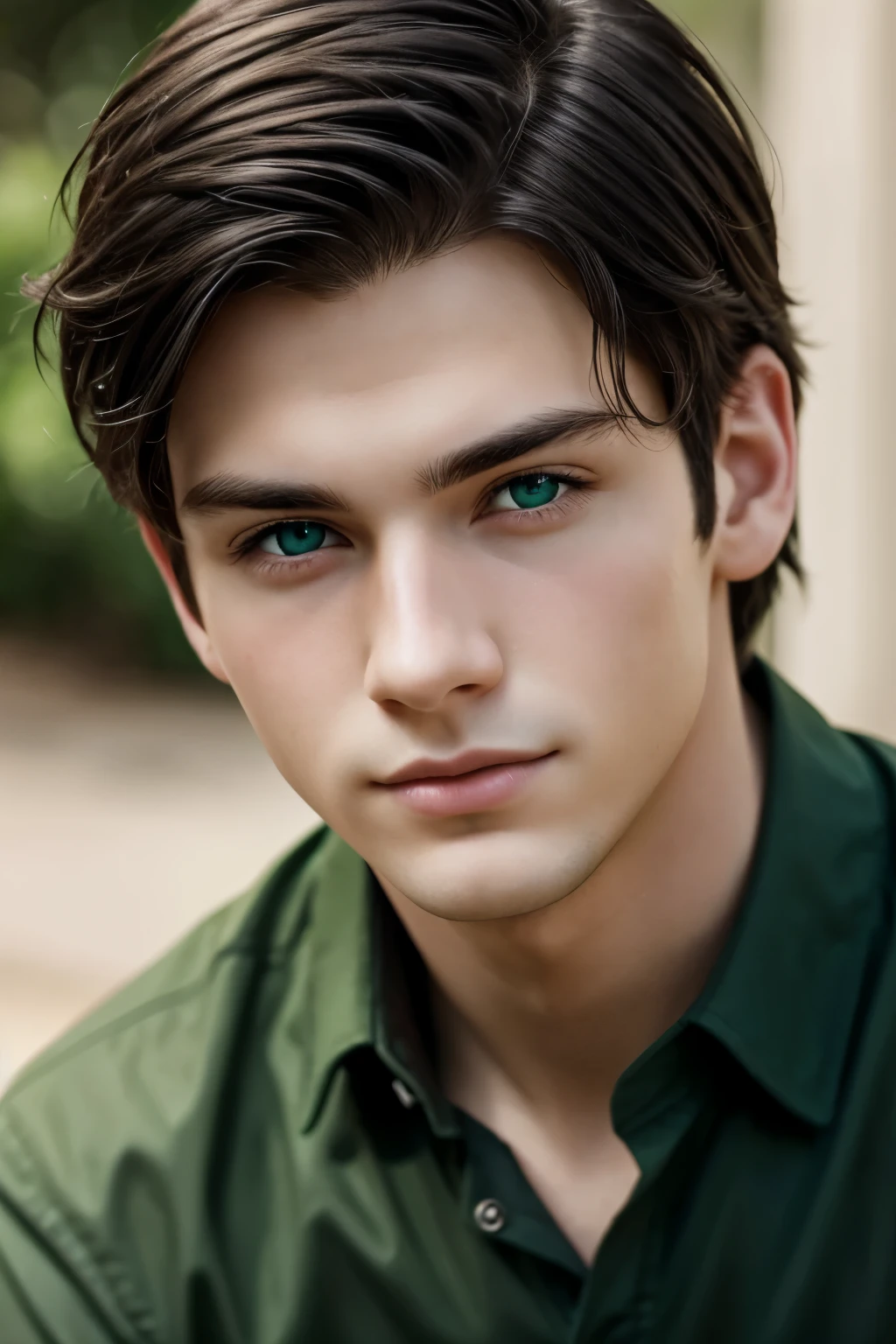 Detailed realistic photo of a handsome boy with black hair, pale skin, green eyes