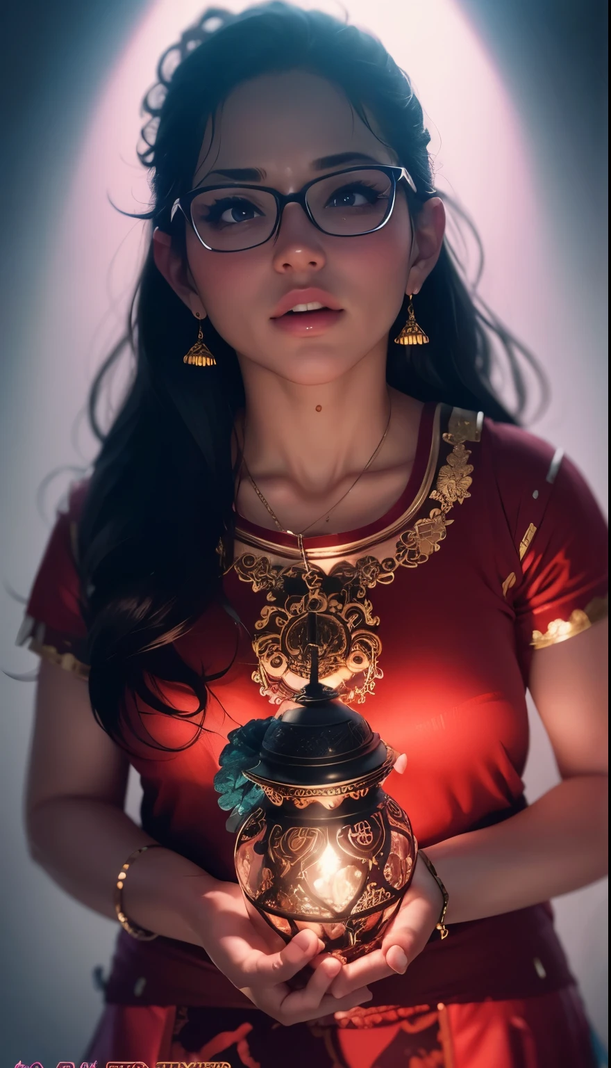 Sexy woman, seductive gaze, flustered, lustful gaze, blushing intensely, parted lips, medium chest, dark room, one lamp, warm lighting