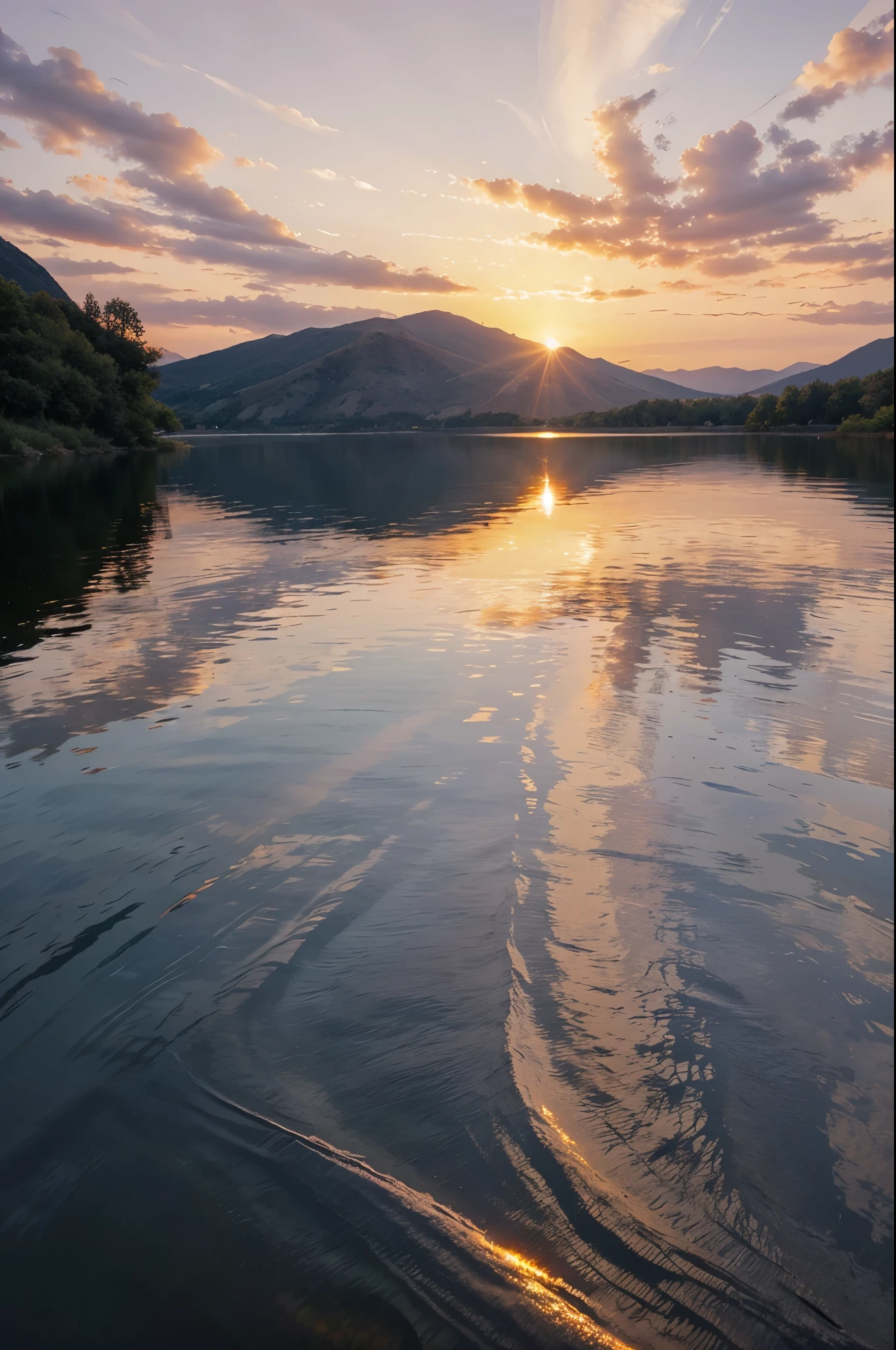 Picture a breathtaking sunset over a peaceful lake. The sky painted in warm hues, reflections shimmering on the water—aim for photorealism in this serene scene