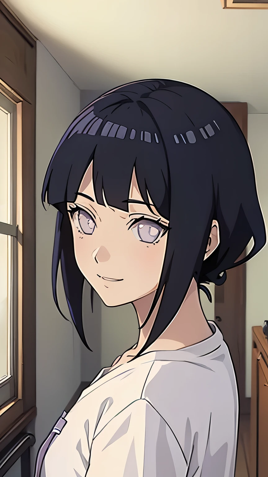 anime character, Hinata Hyuga, plain white t-shirt, selfie, portrait, bedroom, smile, very perfect, very detailed 