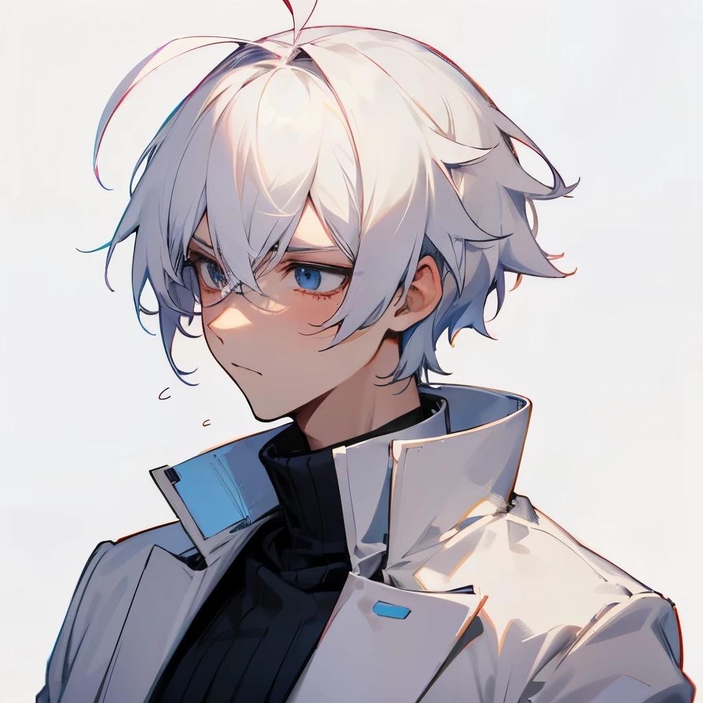 A boy, ahoge, white hair, turtleneck, upset