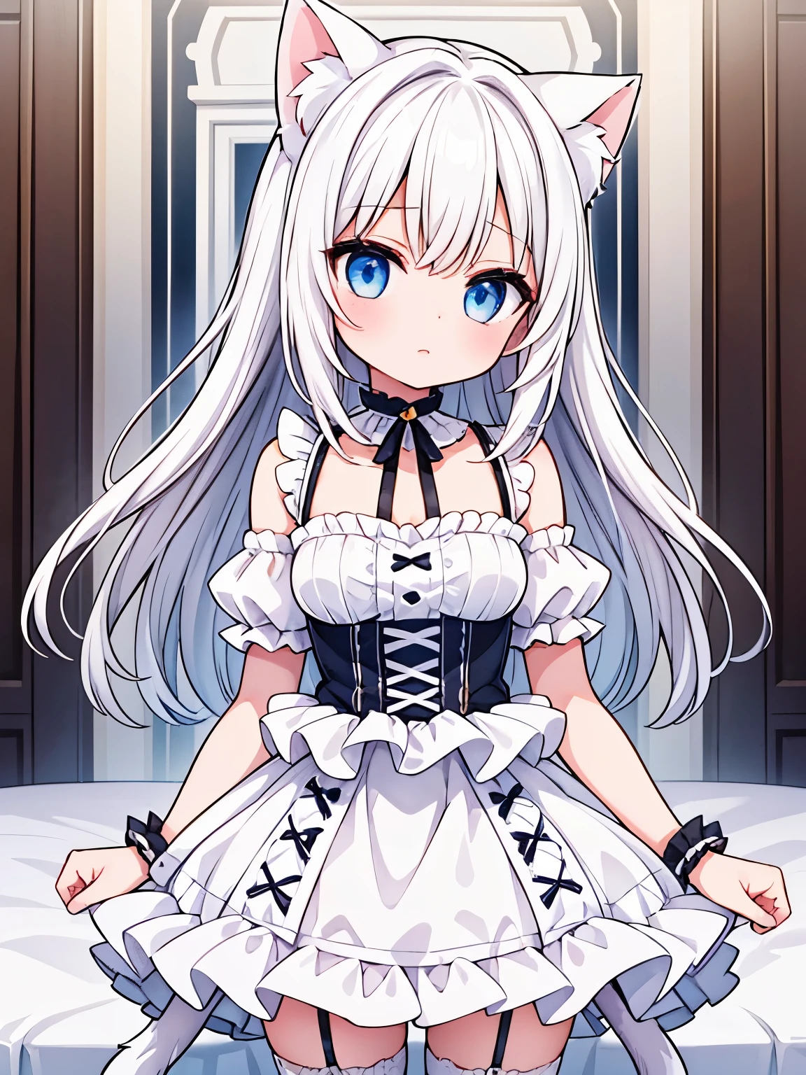 masterpiece, {{{{Highest quality}}}}, beautiful,1 girl, White_hair, cat ears(White), cat tail(White), frilled choker、miniskirt_dress, bare_shoulders, garter belt,garter straps