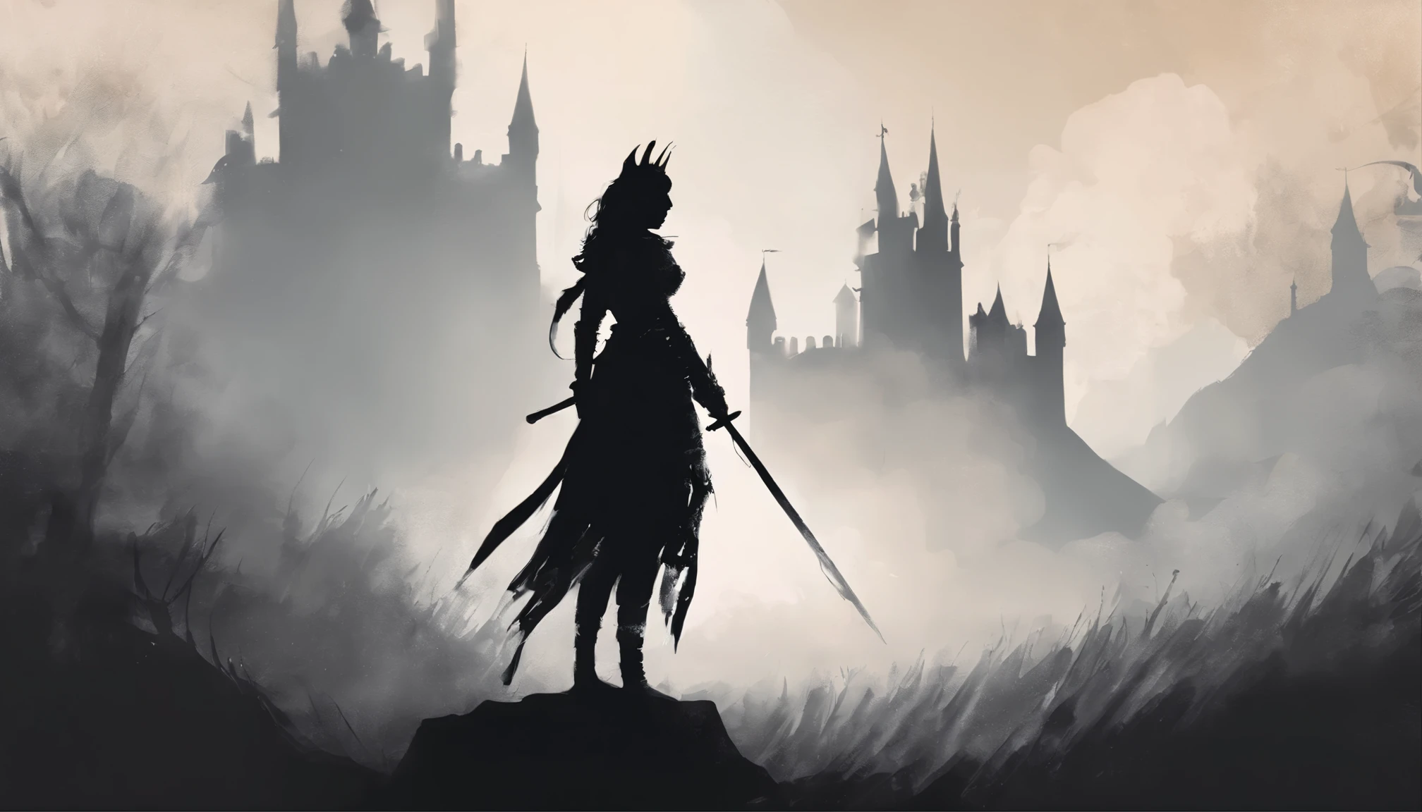 ink wash style, Realistic lighting, high definition detail, tmasterpiece, Best quality, silhouette of a neko queen holding a sword, medieval armor, crown