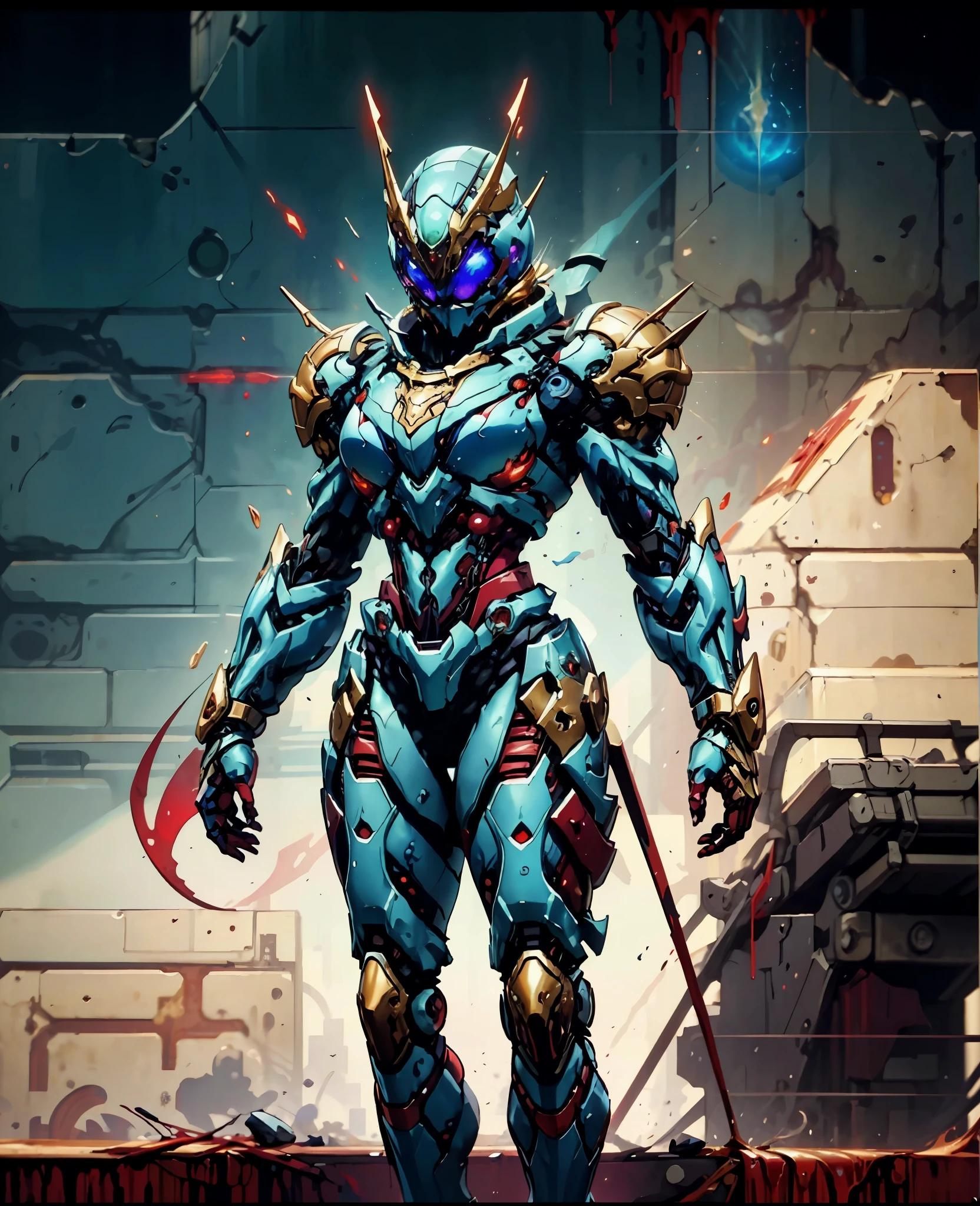 A woman adorned in fantasy-style full-body armor, a crown-concept fully enclosed helmet that unveils only her eyes, a composite layered chest plate, fully encompassing shoulder and hand guards, a lightweight waist armor, form-fitting shin guards, the overall design is heavy-duty yet flexible, (the armor gleams with a golden glow, complemented by red and blue accents), exhibiting a noble aura, she floats above a fantasy-surreal high-tech city, this character embodies a finely crafted fantasy-surreal style armored hero in anime style, exquisite and mature manga art style, (Spider Concept Armor, plasma, blood), ((Element, bio mecha, long legs, elegant, goddess, femminine:1.5)), metallic, high definition, best quality, highres, ultra-detailed, ultra-fine painting, extremely delicate, professional, anatomically correct, symmetrical face, extremely detailed eyes and face, high quality eyes, creativity, RAW photo, UHD, 32k, Natural light, cinematic lighting, masterpiece-anatomy-perfect, masterpiece:1.5