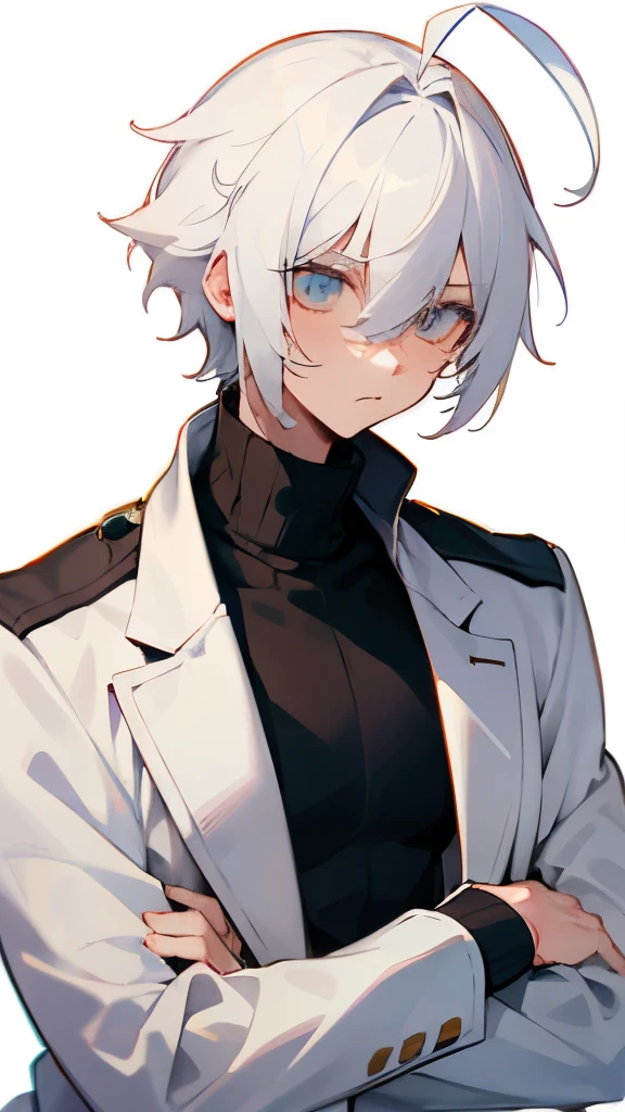 A boy, ahoge, white hair, turtleneck, upset