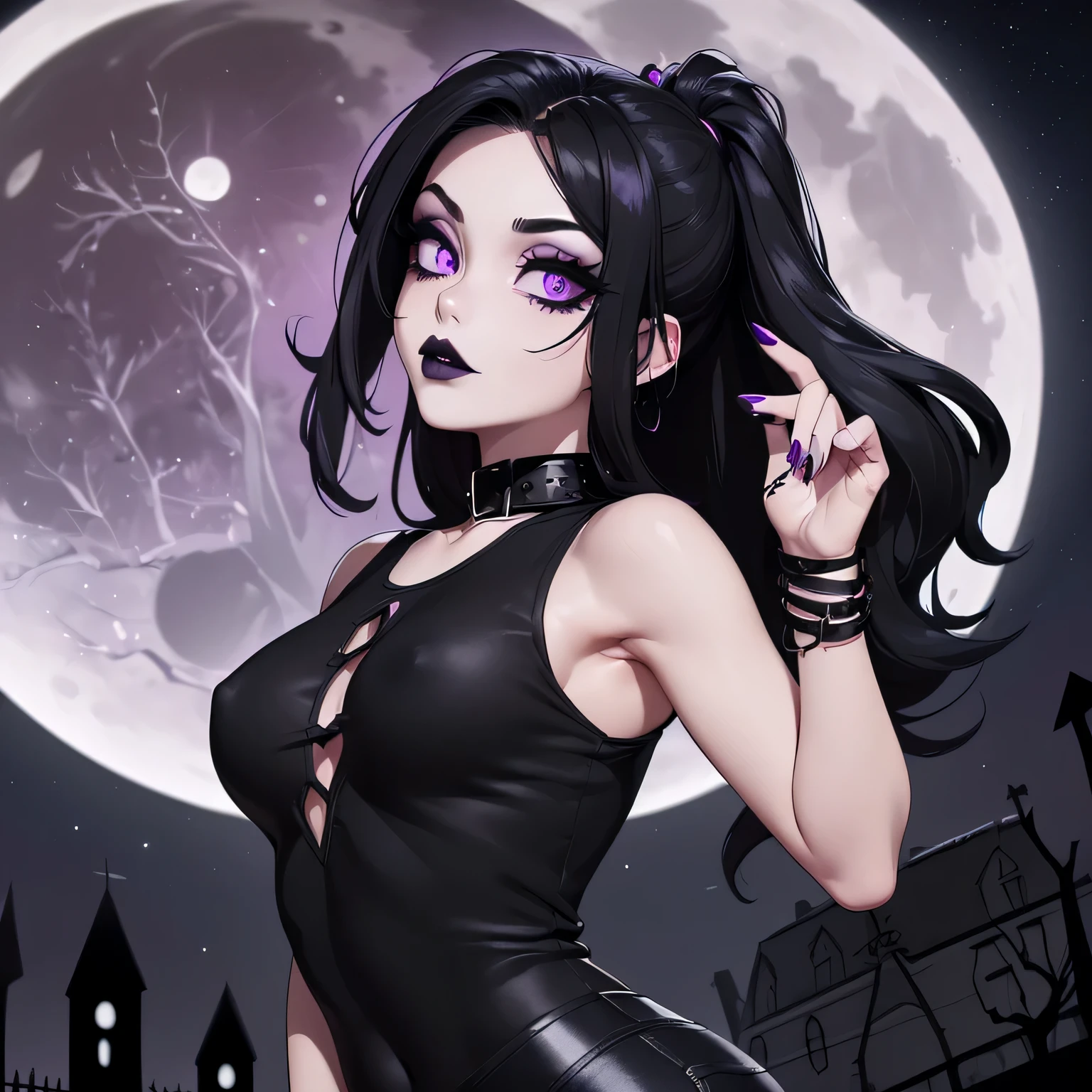 (1girl) ((Masterpiece)) ((High Quality)) ((Perfect Face)) ((Violet Eyes)) ((Beautiful)) ((Young Goth Woman)) ((Black Hair)) ((Light Skin)) (((Small Breasts))) (( Body)) ((Tight Black Jeans)) ((Black tank top)) ((Black Lipstick)) ((Dark eye make-up)) ((Button Nose)) ((Night Time)) ((Full Moon)) ((Spooky))