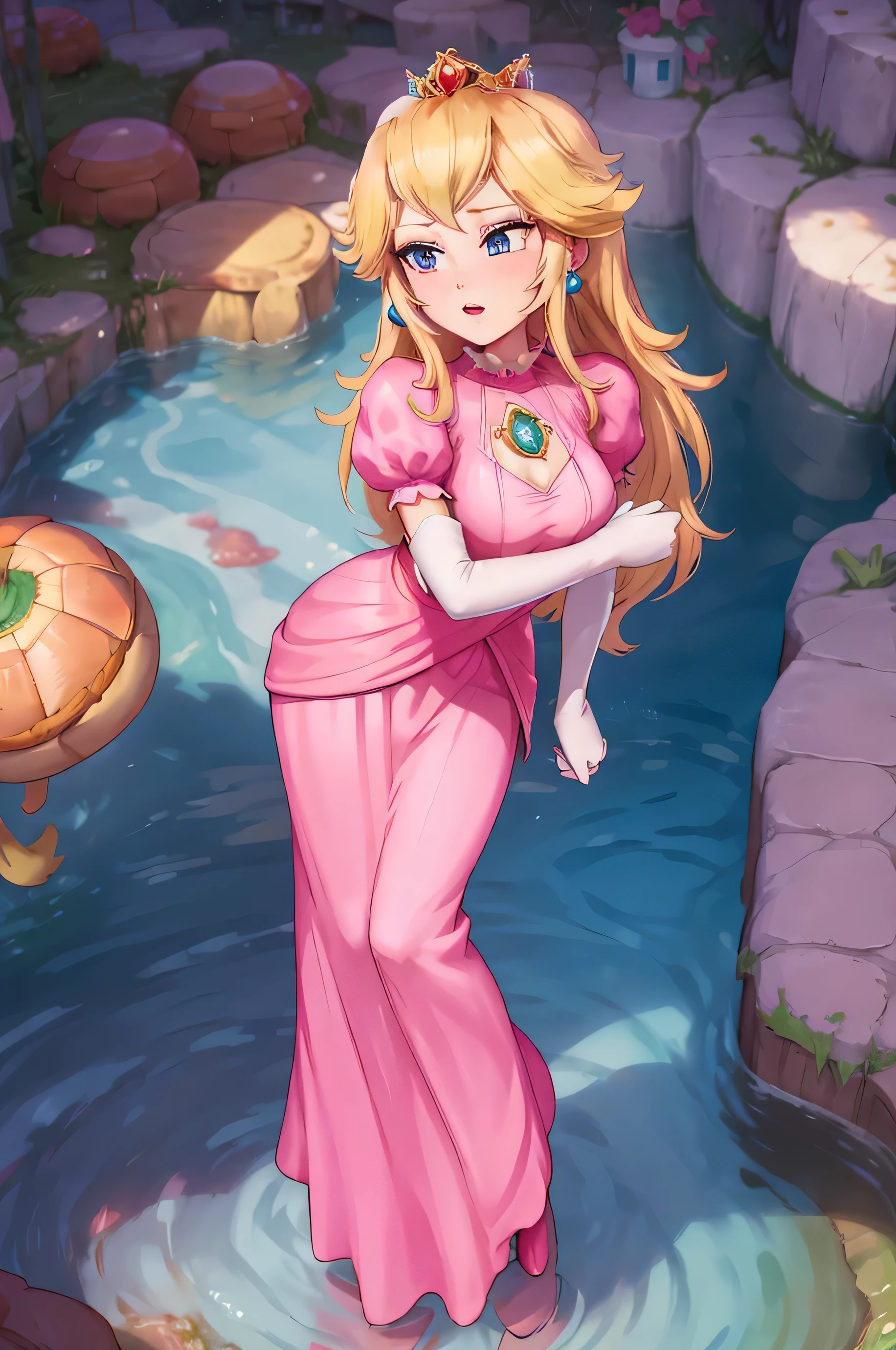 masterpiece, 2D Rendering, global illumination, scattered below the surface, pixer style, Princess_peach (wearing pink gown), 1 girl, blonde hair, attractive appearance, sexy eyes, Beautiful girl with a small face, shiny skin, perfect body, ８head and body, big breasts:1.1, I can see the cleavage, brick town background, Have mushrooms, sitting turtle