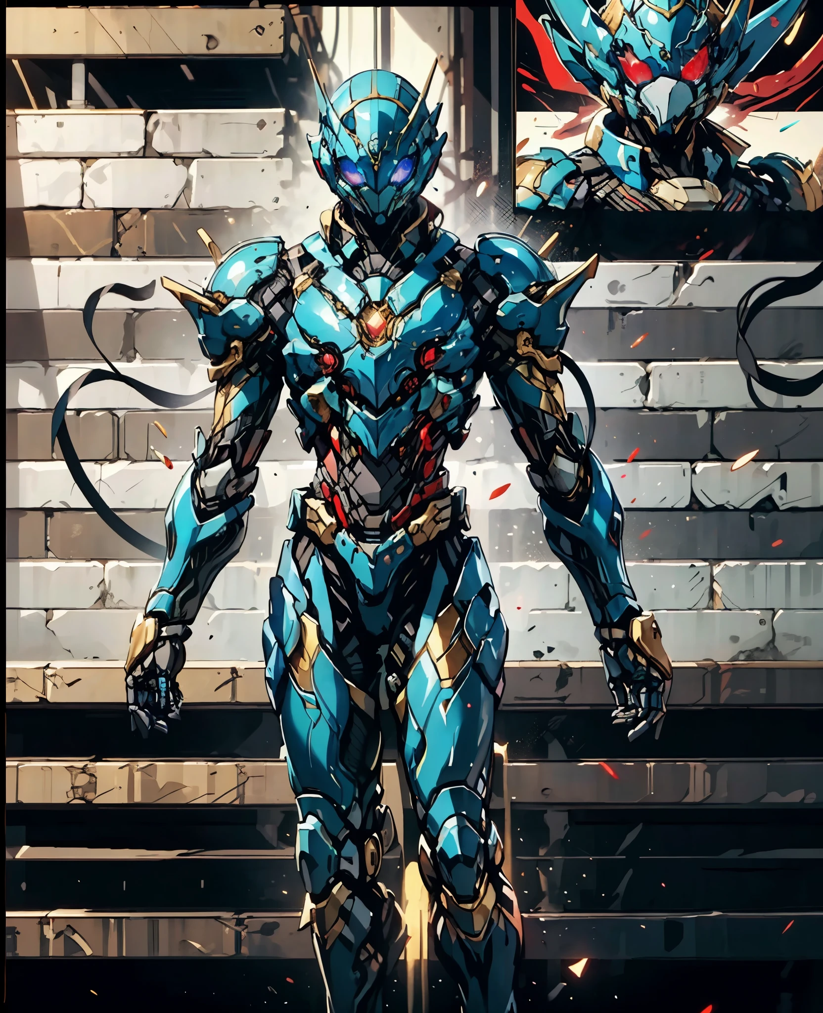 A woman adorned in fantasy-style full-body armor, a crown-concept fully enclosed helmet that unveils only her eyes, a composite layered chest plate, fully encompassing shoulder and hand guards, a lightweight waist armor, form-fitting shin guards, the overall design is heavy-duty yet flexible, (the armor gleams with a golden glow, complemented by red and blue accents), exhibiting a noble aura, she floats above a fantasy-surreal high-tech city, this character embodies a finely crafted fantasy-surreal style armored hero in anime style, exquisite and mature manga art style, (Spider Concept Armor, plasma, blood), ((Element, bio mecha, long legs, elegant, goddess, femminine:1.5)), metallic, high definition, best quality, highres, ultra-detailed, ultra-fine painting, extremely delicate, professional, anatomically correct, symmetrical face, extremely detailed eyes and face, high quality eyes, creativity, RAW photo, UHD, 32k, Natural light, cinematic lighting, masterpiece-anatomy-perfect, masterpiece:1.5