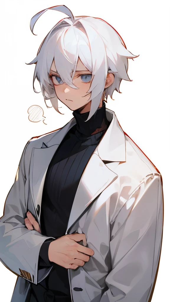 A boy, ahoge, white hair, turtleneck, upset