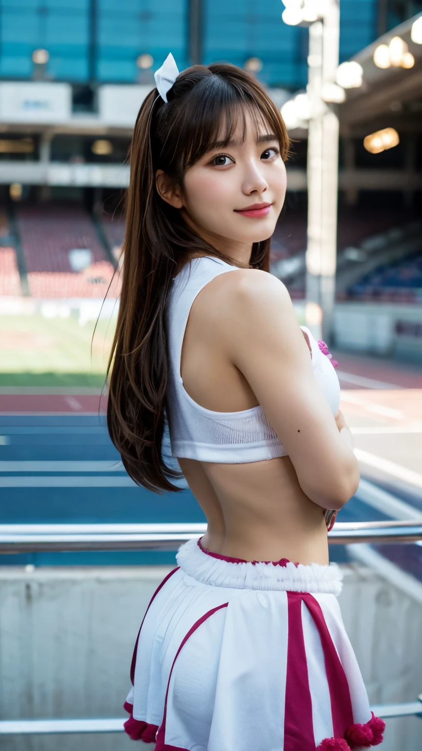 Ara fed asian cheerleader with pompoms at stadium, close, close, cosplay foto, anime cosplay, small breasts, RAW photo, highest quality, High resolution, (masterpiece), (realistic:1.4), professional photography, sharp focus, HDR, 8K resolution, intricate details, Depth of bounds written, Highly detailed CG Unity 8K wallpaper, front light, NSFW, woman, girl, beautiful supermodel, smile, thin, (sweat all over: 1.3),