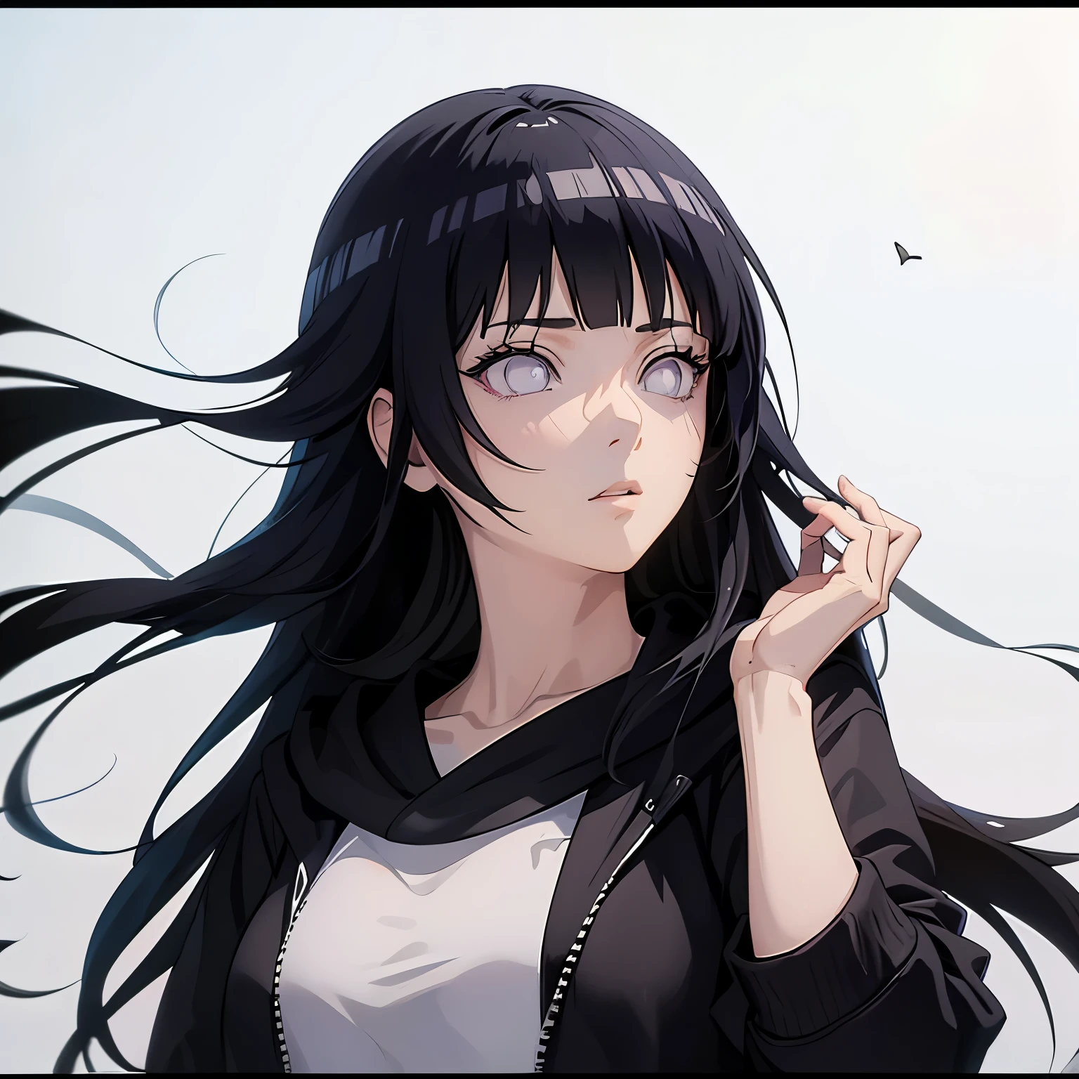 anime character, Hinata Hyuga, black hoodie, black pants, wear sunglasses , photo shoot, portrait, white background, realistic light and shadow, natural, very perfect, very detailed 