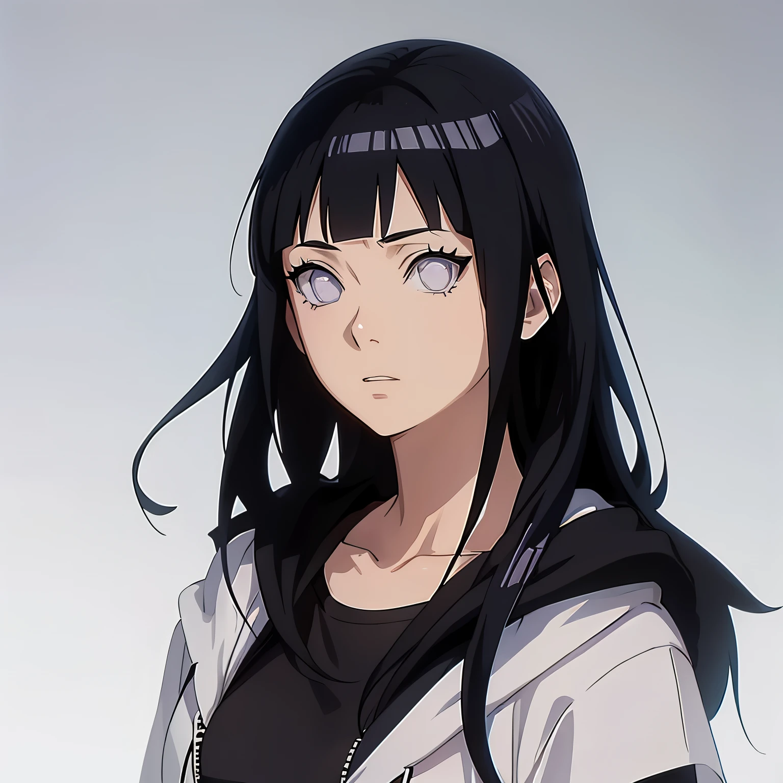anime character, Hinata Hyuga, black hoodie, black pants, wear sunglasses , photo shoot, portrait, white background, realistic light and shadow, natural, very perfect, very detailed