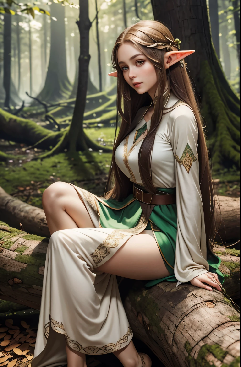 A beautiful female elf, long silky light brown hair, elf ears, almond-shaped eyes, thin lips, round face, huge breasts, sitting on a fallen tree trunk, wearing the clothes of an elf from the elven aristocracy, very beautiful, pure look, perfect art, masterpiece, character details, free and perfect scene, closeup