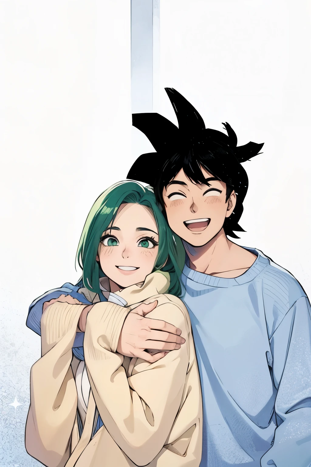 Casal feliz sorrindo, hugging, beautiful girl with green hair , Arte estilo Akira Toryama, Bulma e Goku