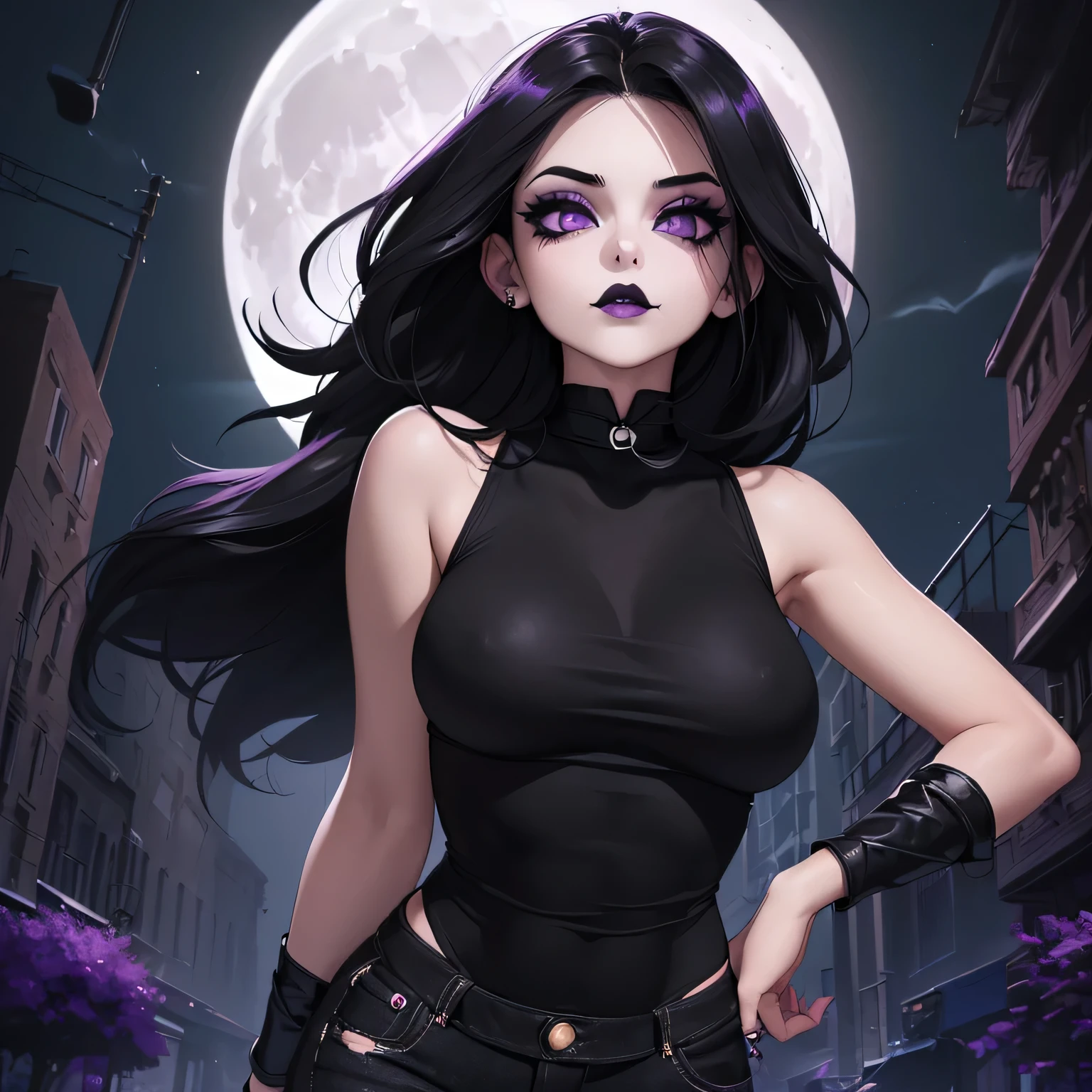 (1girl) ((Masterpiece)) ((High Quality)) ((Perfect Face)) ((Violet Eyes)) ((Beautiful)) ((Young Goth Woman)) ((Black Hair)) ((Light Skin)) (((Small Breasts))) (( Body)) ((Tight Black Jeans)) ((Black tank top)) ((Black Lipstick)) ((Dark eye make-up)) ((Button Nose)) ((Night Time)) ((Full Moon)) ((Spooky))