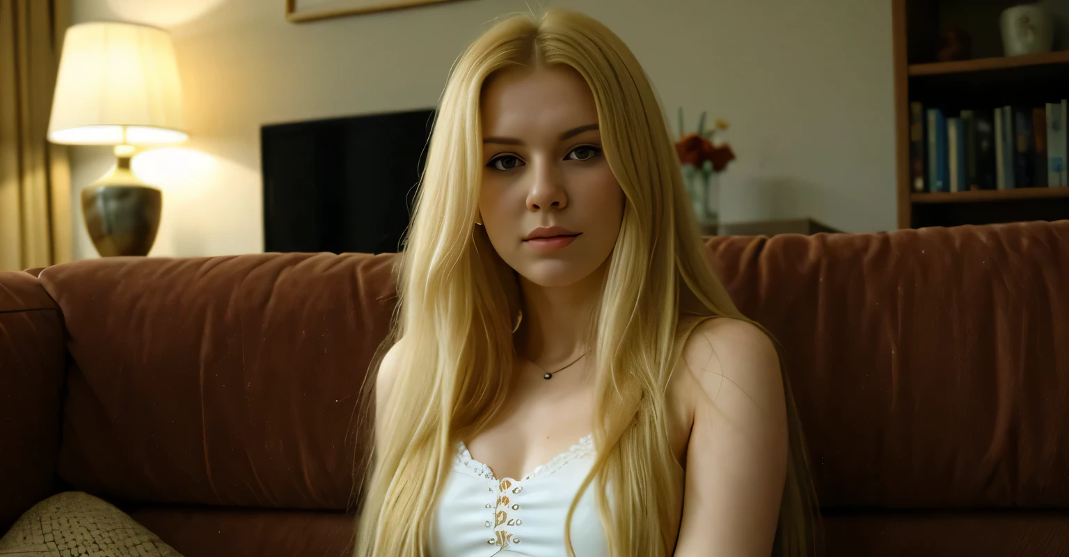 blond woman with long hair sitting on a couch in a living room, yelena belova, irina nordsol kuzmina, year 2 5 0 0, derevschikova, 1 9 8 0 s woman, nadezhda tikhomirova, year 2 3 0 0, marina federovna, olga zakharova, angelina stroganova