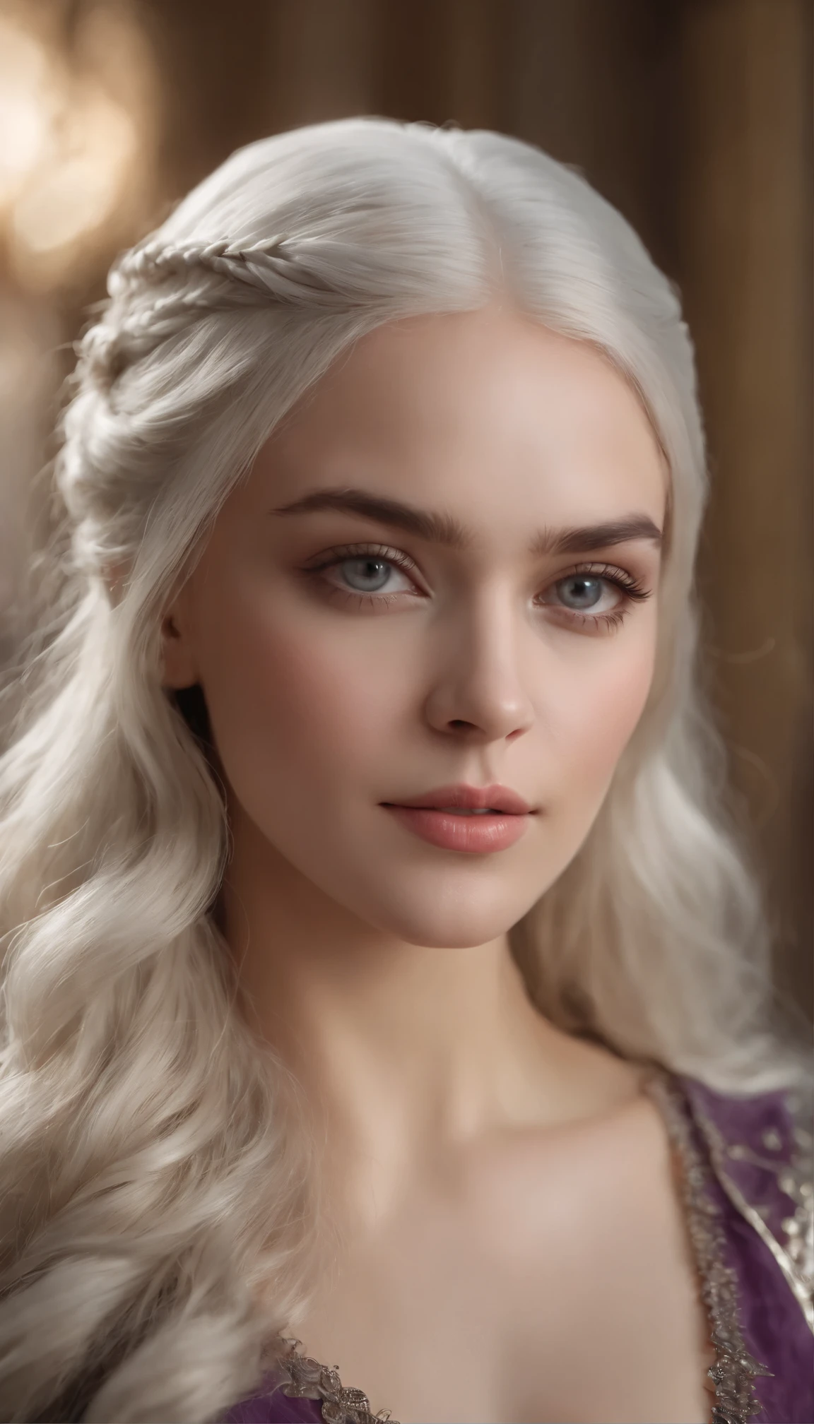 (ultra quality,8k,highres,masterpiece:1.2),ultra-detailed,(ultra-realistic,photorealistic,photo-realistic:1.37), The most beautiful woman, Rainis Targarian from the novel Game of Thrones, with purple eyes and long silver-gold hair that she wore loose
