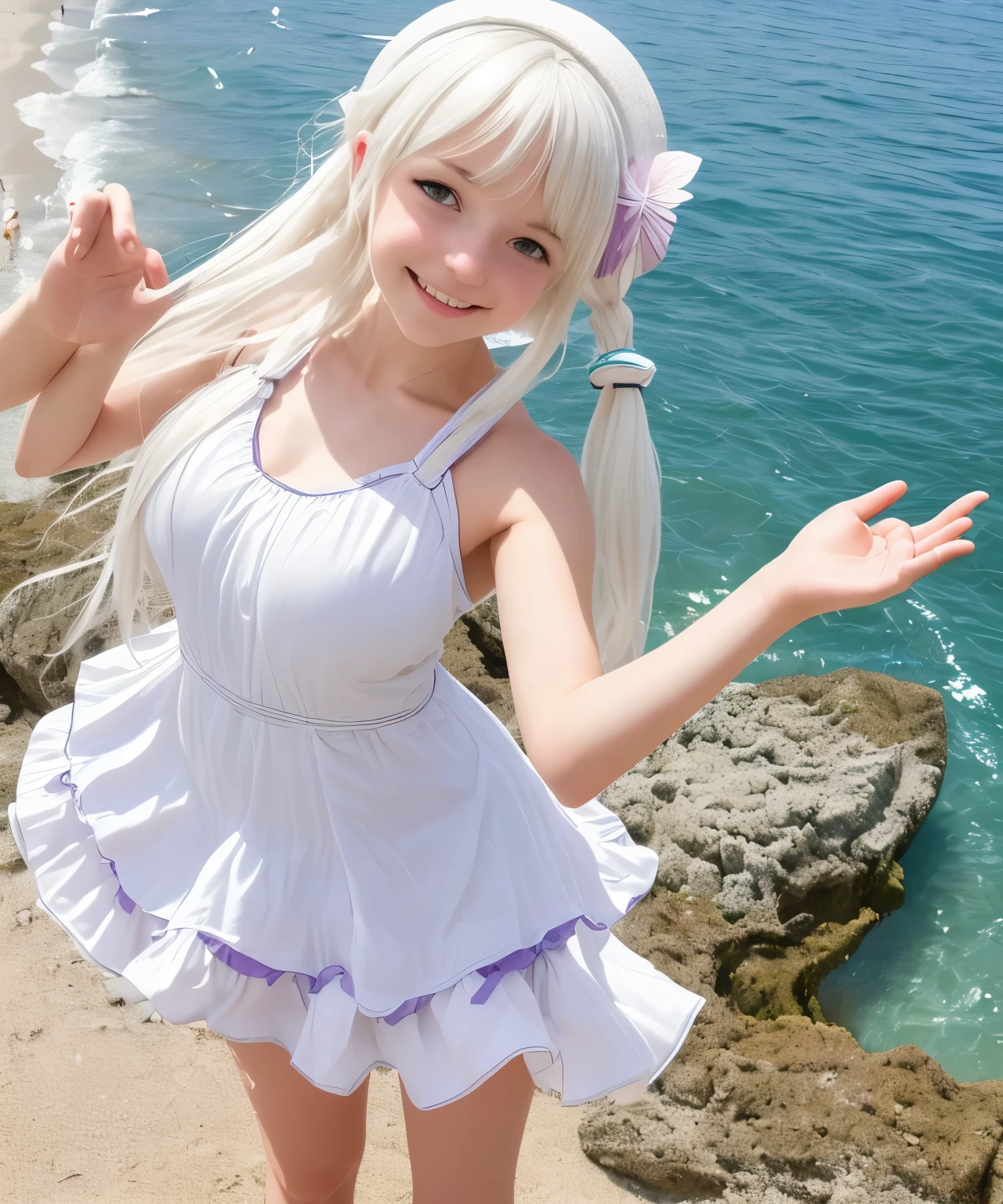 best quality, masterpiece, , ,short, huge breasts, white hair,low twintails, purple eyes, yukine chris, thin twintails,, beach, sea, white dress, white skirt, white one-piece, straw hat, (((shy))), (happy), leaning forward, summer, from above, reaching out, smiling,