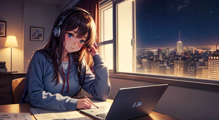 lofi music anime illustration, close-up of, Girl studying in room, with the book, Laptop, View of the city at night, listen to music while studying, Nice atmosphere and slightly dark room