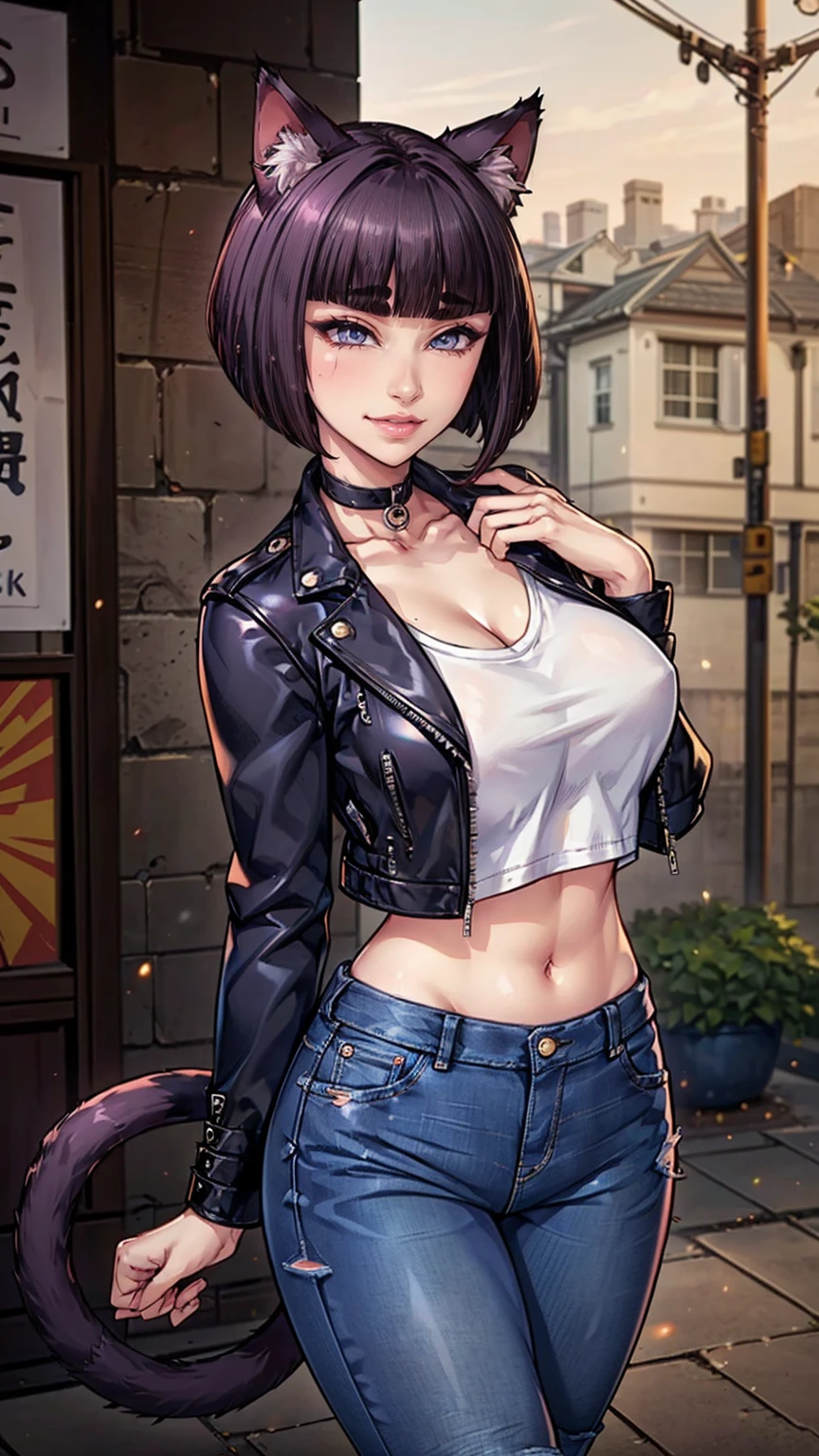 ((((masterpiece, (dark purple eyes), dark pink lipstick)), ((Extremely detailed, ambient soft lighting, 4k, perfect eyes, a perfect face, perfect lighting, a 1girl, animal ears, black thighs, (cat ears, cat's ear cat tail), closed mouth, collarbone, Covered, crop-top, facial mark, ((neck, black leather jacket, jacket, mini short, short jeans, mini short jeans)), lips, looking to viewer, 独奏, tail, Curvy hips, Lush, tights in a mesh)), standing on a tower, cityscape in the background with church, (starry night), crescent moon)), ((Itsuki Shima, mature female, (cowboy shot:1.2), short hair, brown hair, bob cut, brown eyes, looking at viewer, perfect body, perfect eyes, anime eyes, eyeshadow, perfect face, (blush, smirking:1.1), sharp focus, professional artwork, intricate details))
