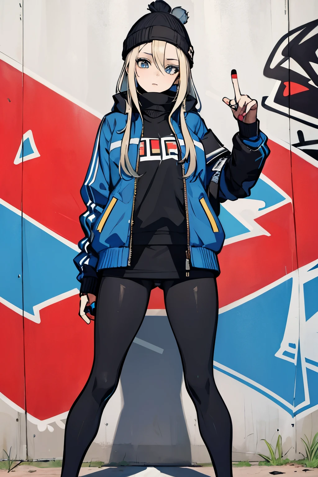 (masterpiece:1.2, best quality), (graffiti wall:1.15), 1lady, beanie, jacket, Leggings, blue eyes, fullbody,
