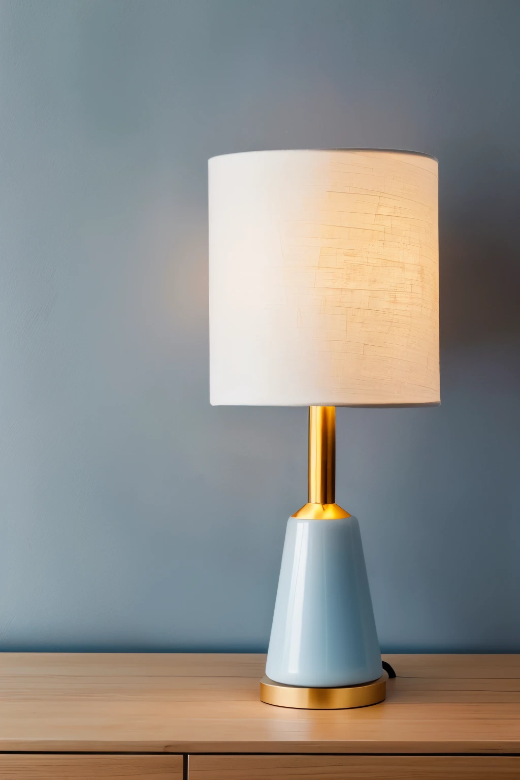 An intricately designed icon representing the Lighting category in Brazilian e-commerce, faithful to reality: 1.
A Nordic-inspired lamp, 2.
featuring clean lines and organic forms, 3.
Made from soft pastel hues of sky blue and pale wood, 4.
Subtle gold accents depict light bulbs or filaments, 5.
The icon's style excludes distorted or exaggerated elements, remaining true to the realistic and Nordic inspiration.