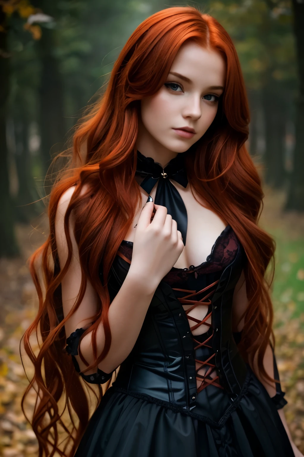 a beautiful 18 years old girl with long wavy reddish copper hair, wearing sexy gothic clothes, smoking