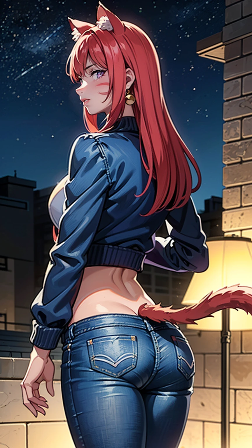 ((((masterpiece, profile, (dark purple eyes) dark pink lisptick, back, back, ass, butt)), ((Extremely detailed, ambient soft lighting, 4k, perfect eyes, a perfect face, perfect lighting, a 1girl, animal ears, black thighs, (cat ears, cat's ear, cat girl), closed mouth, collarbone, Covered, crop-top, facial mark, ((neck, jacket, mini short, short jeans, mini short jeans)), lips, looking to viewer, 独奏, tail, Curvy hips, Lush, tights in a mesh)), standing on a tower, cityscape in the background with church, (starry night), crescent moon)), TakashiroHiroko, 1girl, mature woman, alone, cowboy shot, looking at viewer, blushing, dark purple eyes, long hair, red hair, earrings, jewelry
