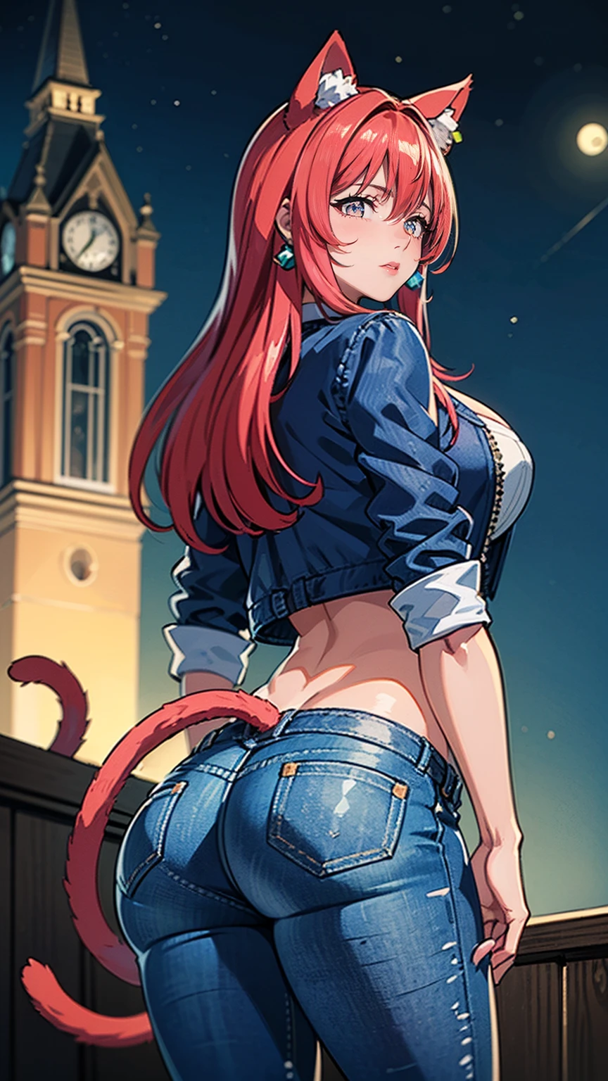 ((((masterpiece, profile, (dark purple eyes) dark pink lisptick, back, back, , )), ((Extremely detailed, ambient soft lighting, 4k, perfect eyes, a perfect face, perfect lighting, a 1girl, animal ears, black thighs, (cat ears, cat's ear, cat girl), closed mouth, collarbone, Covered, crop-top, facial mark, ((neck, jacket, mini short, short jeans, mini short jeans)), lips, looking to viewer, 独奏, tail, Curvy hips, Lush, tights in a mesh)), standing on a tower, cityscape in the background with church, (starry night), crescent moon)), TakashiroHiroko, 1girl, mature woman, alone, cowboy shot, looking at viewer, blushing, dark purple eyes, long hair, red hair, earrings, jewelry
