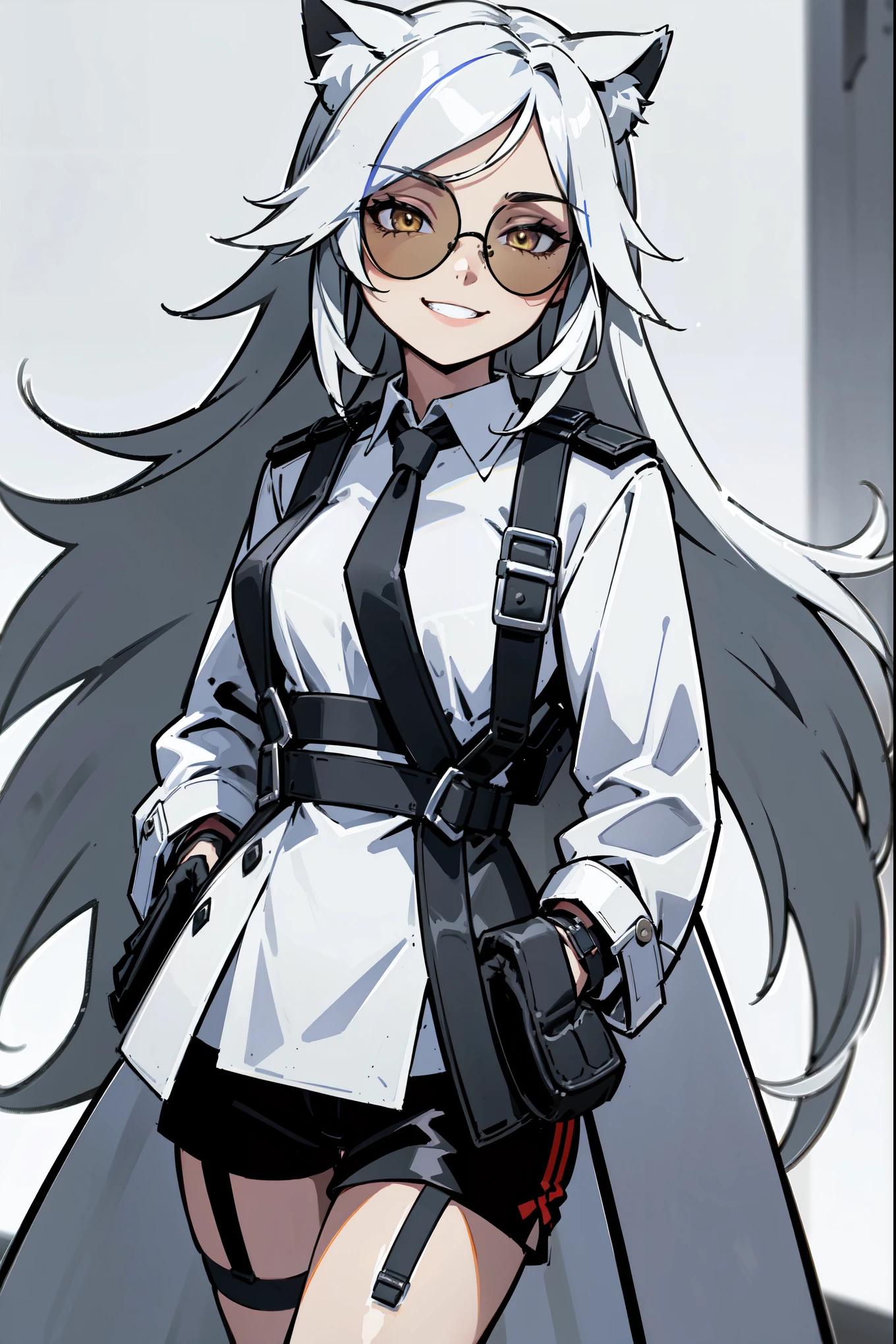 1girl, young woman, solo, long hair, big hair, (forehead:1.13), (round sunglasses:1.2), yellow eyes, white hair, cat ears, medium breasts, grin, (overcoat, black coat, open coat:1.2), white shirt, collared shirt, (chest harness, shoulder strap:1.15), black leather shorts, garter belt, gloves, elegant, arms behind back, looking at viewer, standing,, ((close-up)), face only, cowboy shot, masterpiece, best quality, 4k