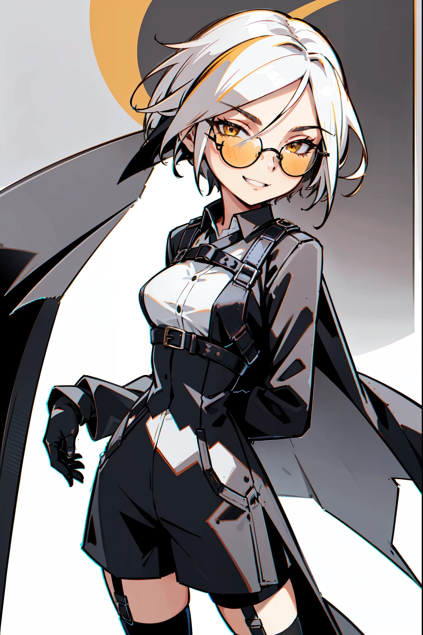 1girl, young woman, solo, long hair, big hair, (forehead:1.13), (round sunglasses:1.2), yellow eyes, white hair, cat ears, medium breasts, grin, (overcoat, black coat, open coat:1.2), white shirt, collared shirt, (chest harness, shoulder strap:1.15), black leather shorts, garter belt, gloves, elegant, arms behind back, looking at viewer, standing,, ((close-up)), face only, cowboy shot, masterpiece, best quality, 4k