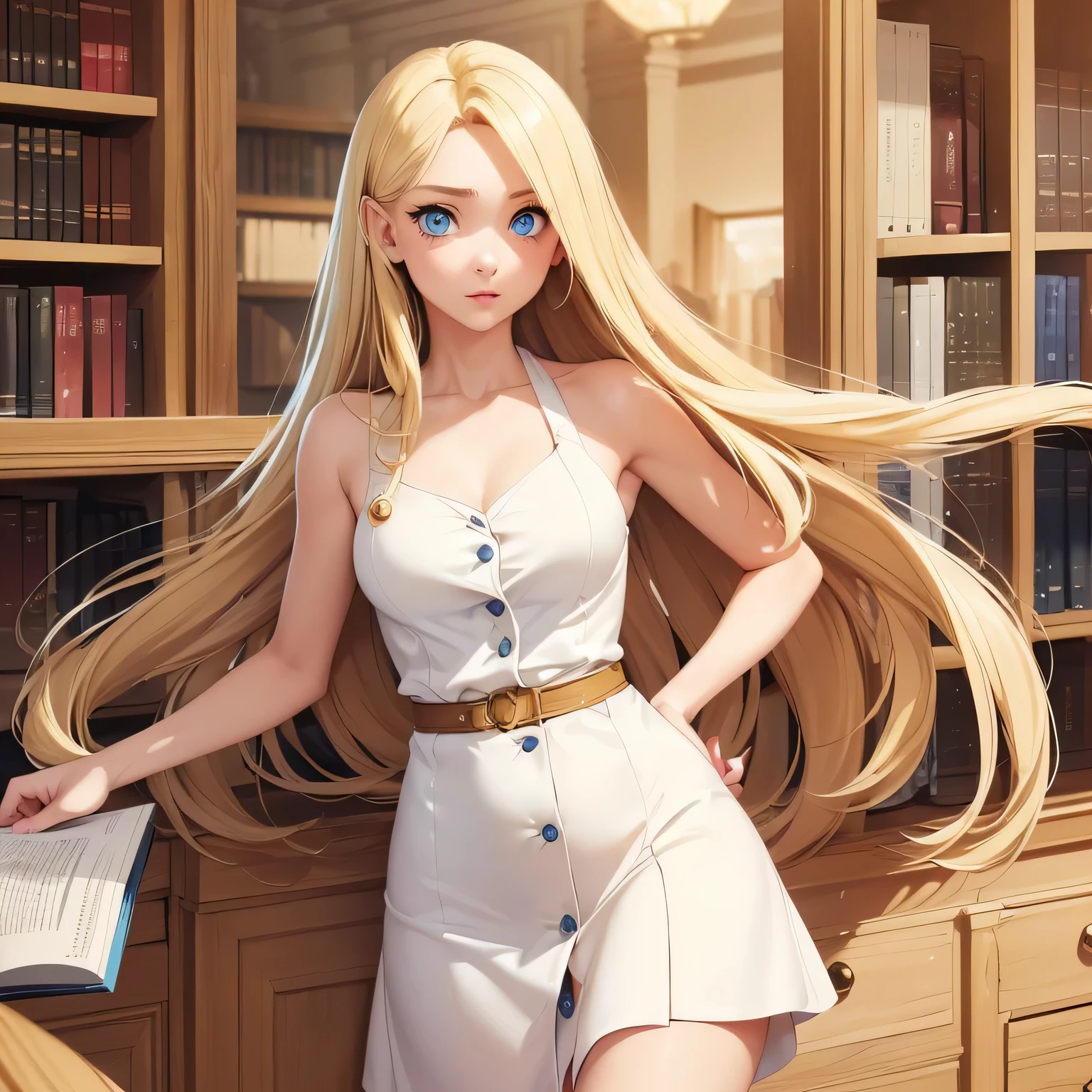 (1girl) ((Masterpiece)) ((High Quality)) ((Perfect Face)) ((Blue Eyes)) ((Beautiful)) ((Young Woman)) ((Long Hair)) ((Blonde Hair)) ((Light Skin)) ((Slender Figure)) ((sundress)) ((Button Nose)) ((Library)) ((Expressive Eyes)) ((Happy))