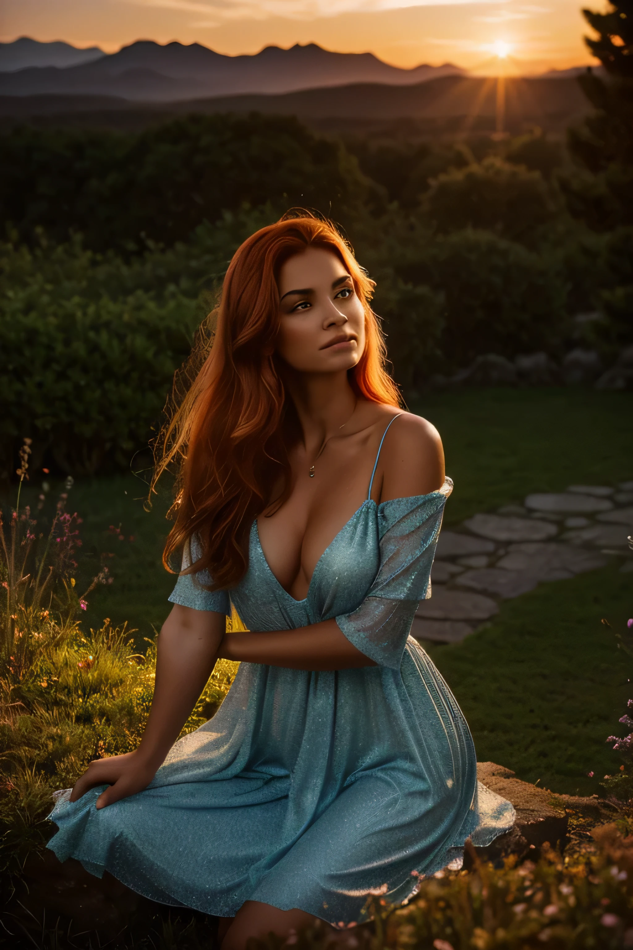 close-up of a mystical gardens of an ancient castle, under the expanse of a starry sky, stands the majestically beautiful, big breasted tanned -yeld Amcan orange-haired in light sexy loose medieval deep-low-cut ice-blue dress, looking at the camera, with a grace that defies. A blend of beauty and awe, radiating with an ethereal glow, the form radiates a mystical aura, enchanting everyone below. With every step, the beautiful, tanned American orange-haired paints a path of heavenly light, as distant mountains witness her miraculous sight. A legendary woman, looking at the camera, in a world where dreams take flight, In the hushed whispers of the night she weaves with her magical clarity. professional color modelshoot photo(highly detailed:1.1), hasselblad, dark film noir lighting, detailed, 8k, (god rays:0.8), (lens flare:0.8), film grain, bokeh, depth of field.