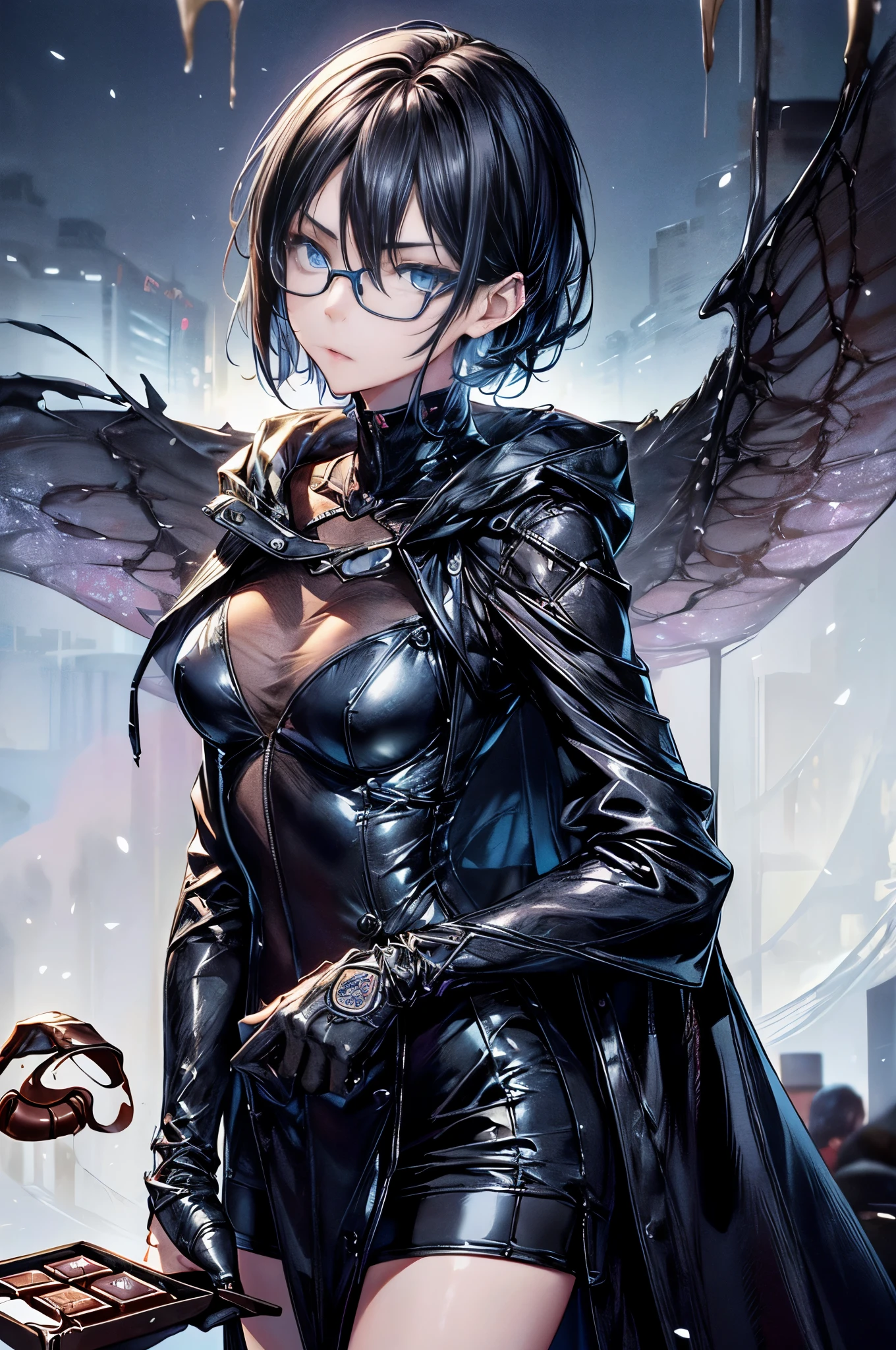 cinematic lighting、highly detailed skin,1 girl, highest quality,cyber punk,(dim color, soothing tone:1.3),(Beautiful woman、Detailed beautiful facial features、short black hair、blue eyes、Glasses、slender body:1.3)(holding wrapped chocolate in hand、gift to me:1.5)profile（Glasses:1.5）break.White thick coat for the winter、purple knit tops、leather style tight pants（iron table）（sit on a chair）night、night景がキレイな店内