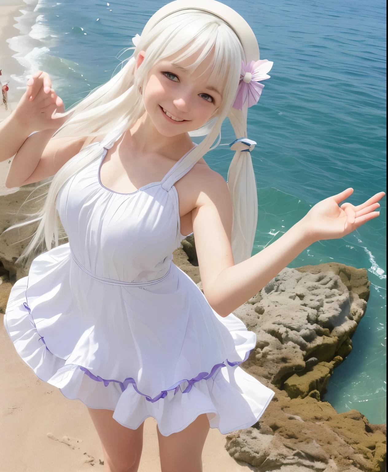 Highest quality, masterpiece, , ,short, Huge breasts, Gray Hair,Low twin tails, Purple eyes, Yukinecris, Thin twin tails,, Beach, Ocean, White Dress, White Skirt, White dress, Straw hat, (((shy))), (Happy), Leaning forward, summer, From above, Reaching out, smile,